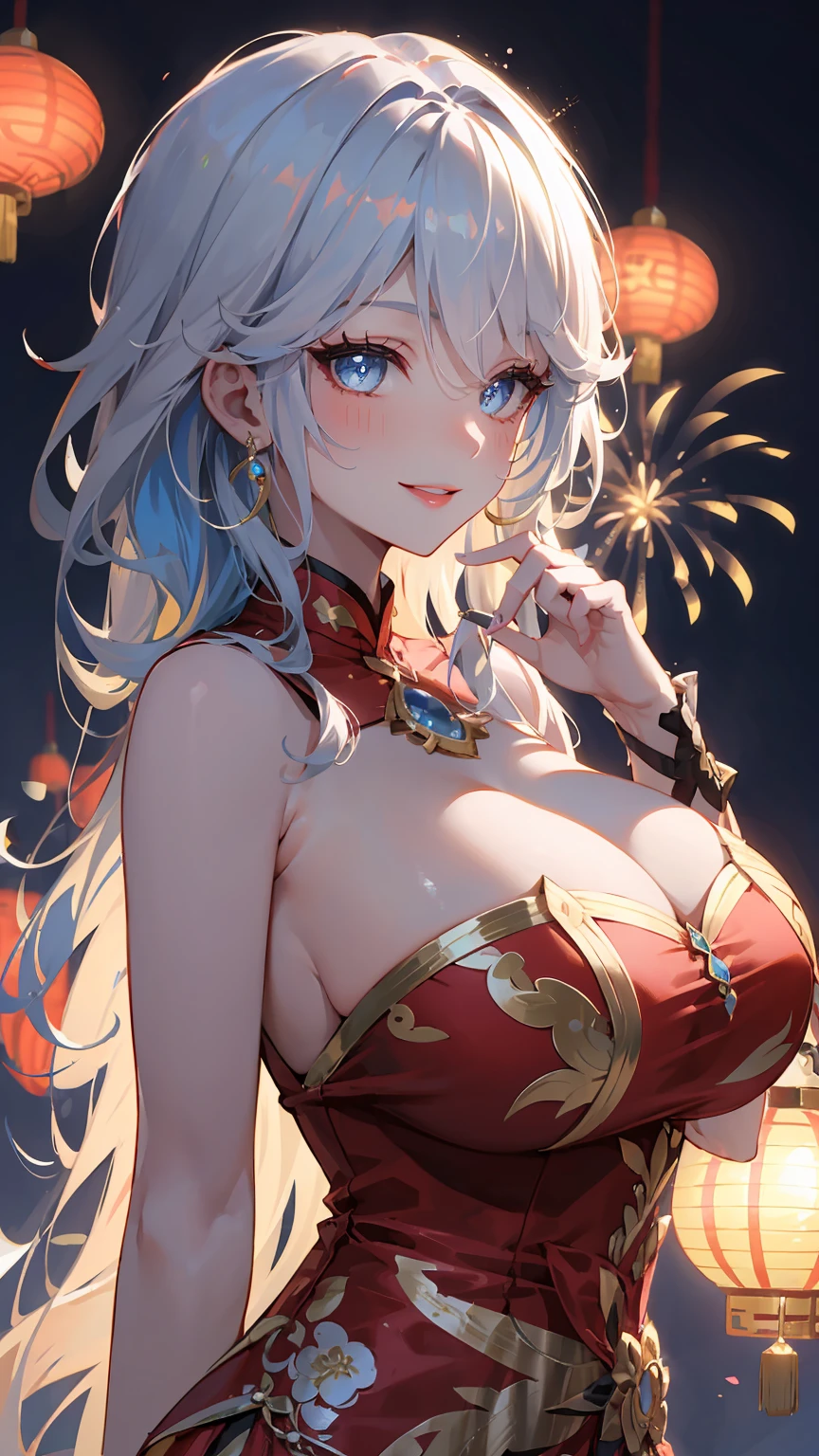 masterpiece, best quality, illustration, (dynamic lighting:1.2), cinematic lighting, reflection, delicate facial features, detailed eyes, ultra-detailed eyes, sharp pupils, realistic pupils, depth of field, bokeh, sharp focus, (hyper-detailed, bloom, glow:1.4), exceptional beauty, alluring face, cute look, multicolored hair, white hair, blue hair strands, enchanting blue eyes, sparkle, sparkling, chinese traditional dress, chinese long dress, dragon pattern, jewelry, ornaments, delicate features, 1girl, solo focus, white skin, intense bright, medium shot, absurdres, high-res, ultra-detailed, front view, from front, furina, genshin impact, large breasts, huge breasts, (huge_breasts:1.1), perfect breasts, hair ornaments, earrings, perfect arms, perfect hands, perfect fingers, perfect body, perfect, embarrassing, blushing, smiling, angelic, lunar, new year background, lunar new year background, lantern, night market background, expert shading, extreme light effects, intense bright, glare, fireworks, dragon, sharp eyelash, red lips, dynamic pose, gesturing, collarless,