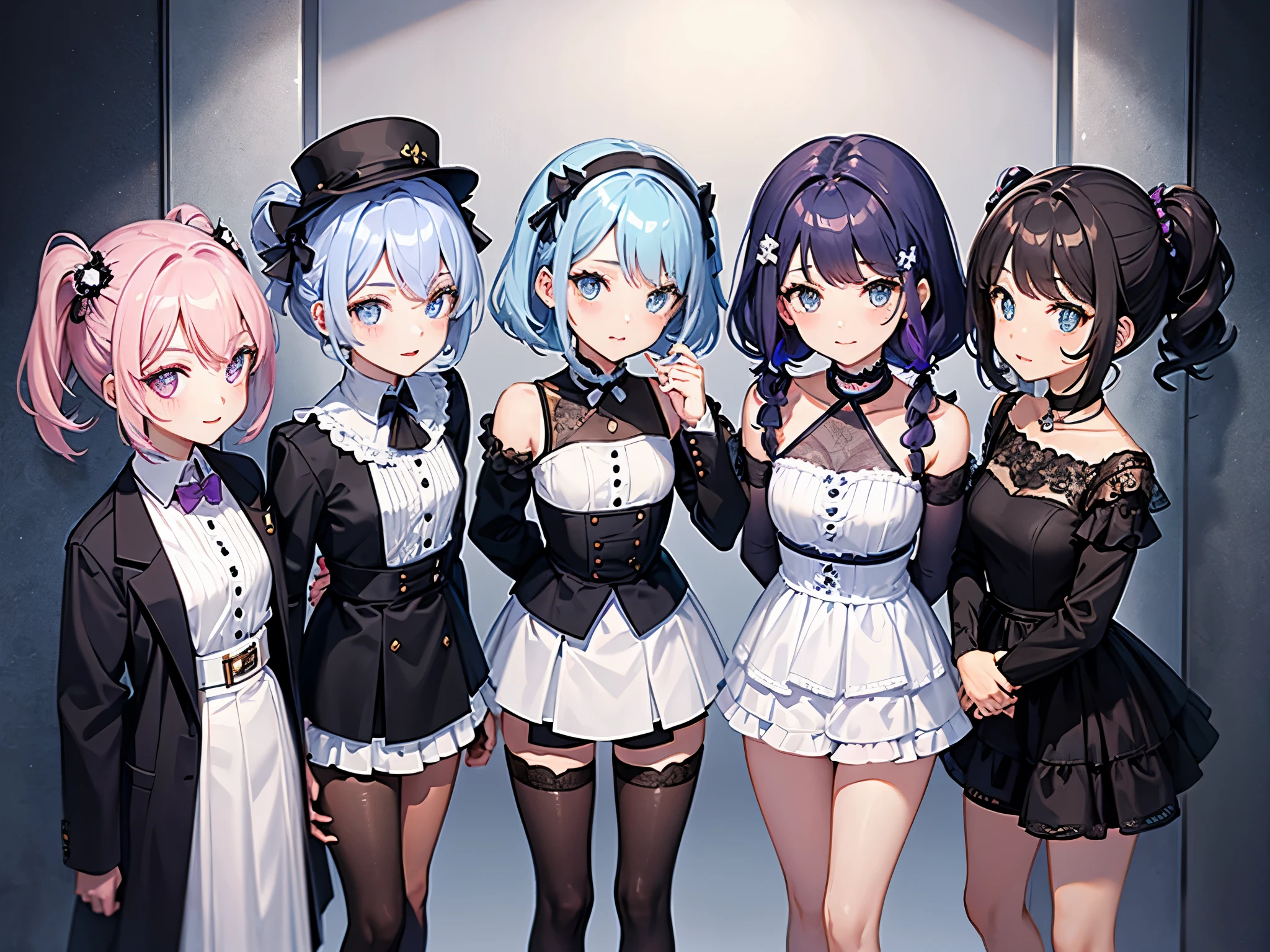 ((((Haremの4人のキャラクターが笑顔で描かれました))))、A group of female adventurers set in a medieval fantasy world,Dragon Quest、 (At the pub), Various Hair Styles, (Harem), night, detailed aspects, (Clothes that expose a lot of breasts), (Clothes that expose a lot of skin), Micro Mini Skirt, Seduce, Sleeveless、Showing invisible panties、Large Breasts、A little bigger ass、Waist、Pulling up her short skirt