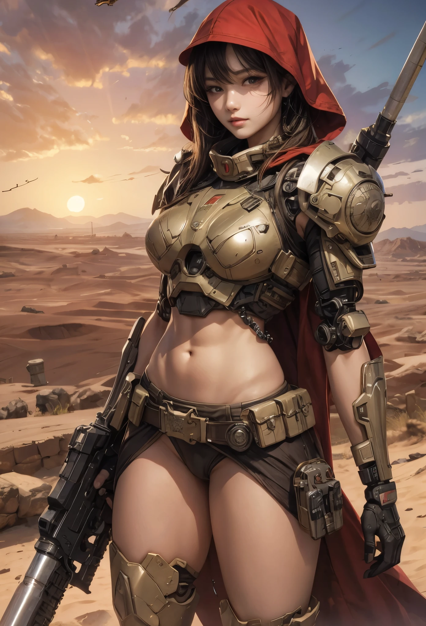 (detailed illustrations,Very detailed and precise drawing,Delicate drawn lines with tempo,Realistic texture expression),[color traced main line],(Martian battlefield [Desert Ruins]),[solo],HENTAI ((ANIME) BIONICGirl) Beauty ())((muscular)) [SKINNY],cyborg [MACHINEARMY Mobile Infantry Military],Bullet belt [Hood cloak [Brute knife]] [Heavy Mace [javelin]] [[Shells Mortars Grenades]],gravure [[cat fight]] Battle Damage,[retro future],(intricate and beautiful decoration [Dense detail]),(Fine and beautiful skin expression [transparency]),[完璧な目のdetailed (Beautifully detailed iris)[eyes like jewels]],[long and beautiful eyelashes],[precisely drawn hair [美しく艷やかな髪のdetailed]],(完璧な手のdetailed [Beautiful fingers with no damage [beautiful nails]]),(perfect anatomy(perfectly balanced proportions))[[full body portrait]],[[Design built to the highest level]][ideal color coordination(Accurate simulation of light and material interactions)],([Precision Detail](detailed,High definition)),[Visual art that tells a story].