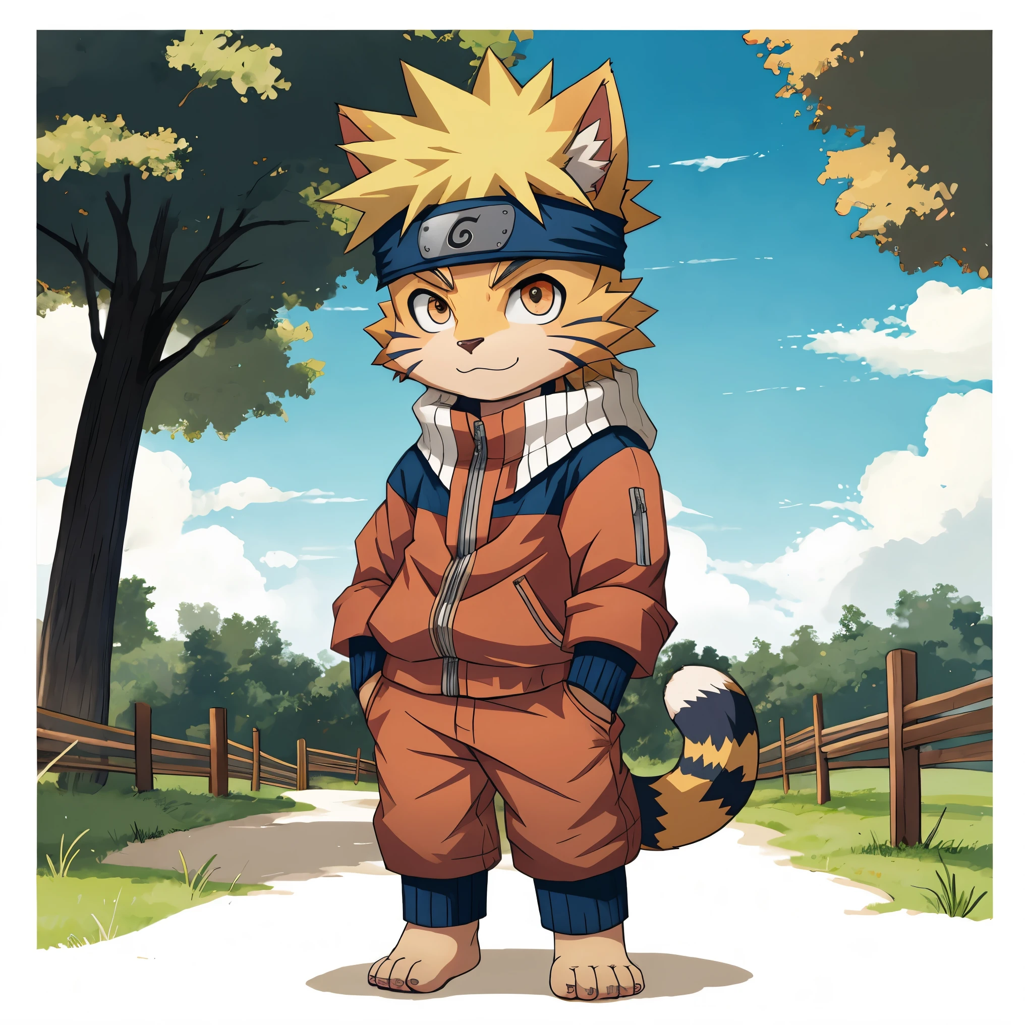 Cat dressed as naruto from naruto anime, chibi, standing, background forest, stunning style