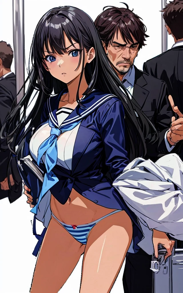 A beautiful woman with long, shoulder-length black hair, big breasts, beautiful legs, and a sharp face is wearing a sailor uniform with a white miniskirt, showing light blue and blue striped panties, and glaring at a middle-aged man in a suit on a crowded train. standing。