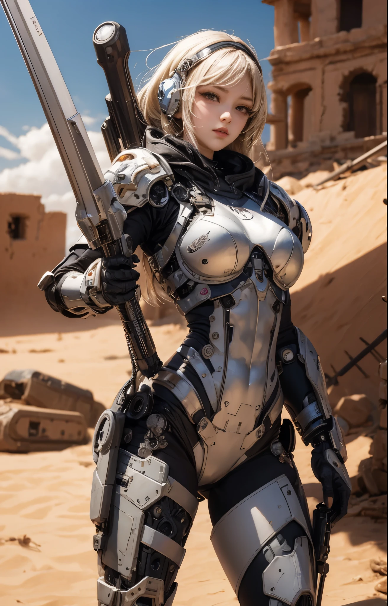 (detailed illustrations,Very detailed and precise drawing,Delicate drawn lines with tempo,Realistic texture expression),[color traced main line],(Martian battlefield [Desert Ruins]),[solo],HENTAI ((ANIME) BIONICGirl) Beauty (14 years old))((muscular)) [SKINNY],cyborg [MACHINEARMY Mobile Infantry Military],Bullet belt [Hood cloak [Brute knife]] [Heavy Mace [javelin]] [[Shells Mortars Grenades]],gravure [[cat fight]] Battle Damage,[retro future],(intricate and beautiful decoration [Dense detail]),(Fine and beautiful skin expression [transparency]),[完璧な目のdetailed (Beautifully detailed iris)[eyes like jewels]],[long and beautiful eyelashes],[precisely drawn hair [美しく艷やかな髪のdetailed]],(完璧な手のdetailed [Beautiful fingers with no damage [beautiful nails]]),(perfect anatomy(perfectly balanced proportions))[[full body portrait]],[[Design built to the highest level]][ideal color coordination(Accurate simulation of light and material interactions)],([Precision Detail](detailed,High definition)),[Visual art that tells a story].