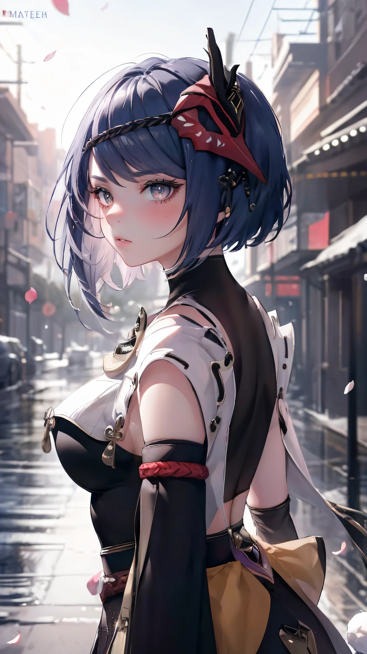 Kujou Sara|Genshin Impact, （（best quality））， （（Masterpiece））， （details：1.4）， Beautiful cyberpunk woman portrait，HDR（high dynamic range），Ray traching，NVIDIA RTX，high resolution，Illusion 5，Sub-surface scattering，PBR surface，After the process，Anisotropy filtering，Maximum depth of field and sharpness of every surface layer，Albedo and Specular Maps，Surface Color Adjustment - Accurate simulation of material interactions.，Perfectly proportioned，Display with octane number，Two-color light，large aperture，Low ISO value，white balance，The Three Rules、8K raw data、Beautiful bright blue pupils，Off-the-shoulder cloth student，Delicate face and eyes，Long eyelashes，Blush，Hair is delicate and soft.，pink lips，pure，Cute face，Sweet Girl，Artistic sense，Casual wear，Advanced，butterfly，Cherry blossom petals，Beautiful hair accessories，long hair and waist，Hair blowing in the wind，Snow white fox ears，pinch，snow-white fluffy tail,