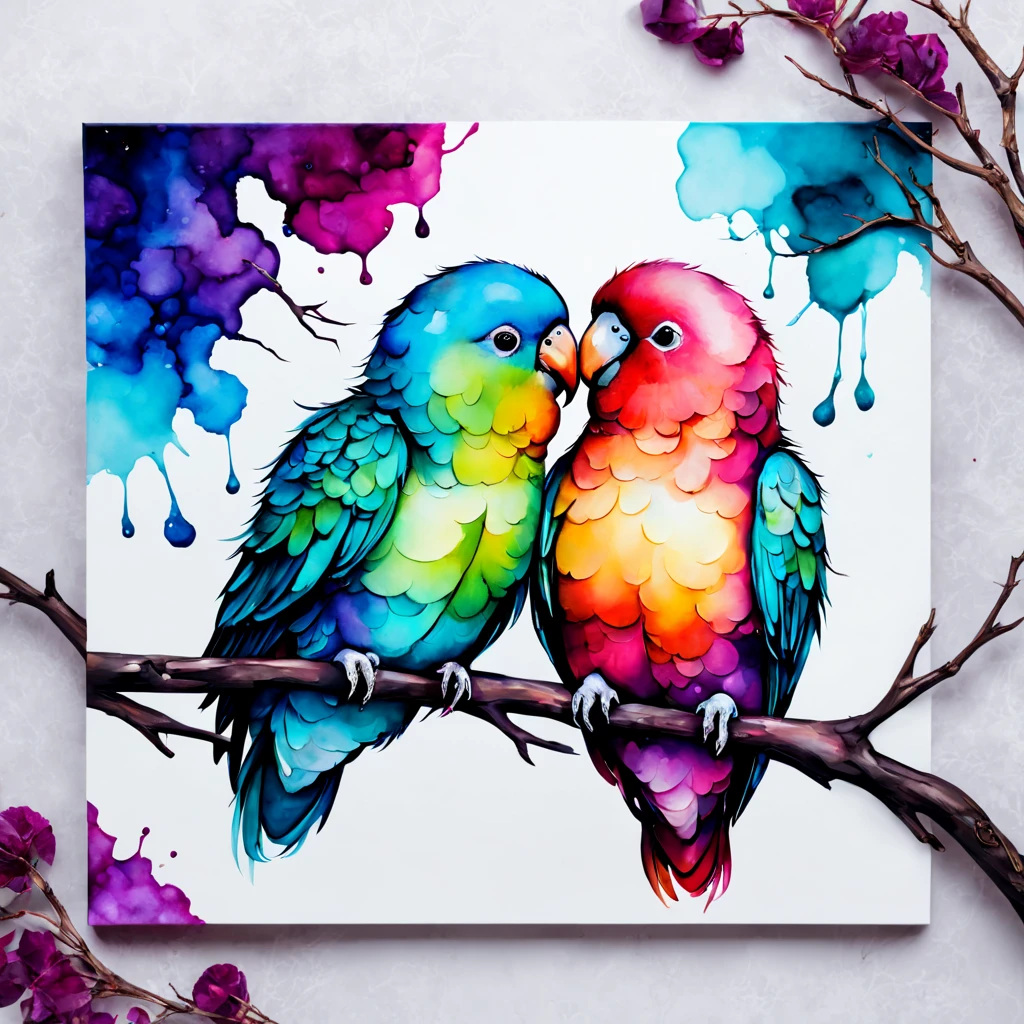 Lovebirds in stunning colors resting on a branch next to each other, in alcohol ink art style