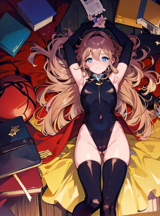table top, highest quality,sleeping face up in bed,Crab crotch,please show me your boots,thigh high boots,glove,Strange thieves,elegant, 1 girl, muscular,cute, blushed, looking at the viewer, from below,body suit, prison,blue eyes, beautiful eyes, beautiful background, particles of light, Light of the sun, dramatic lighting, outside, shiny, realistic, table top, highest quality, super detailed, be familiar with, scenery, beautiful and fine eyes, fine hair