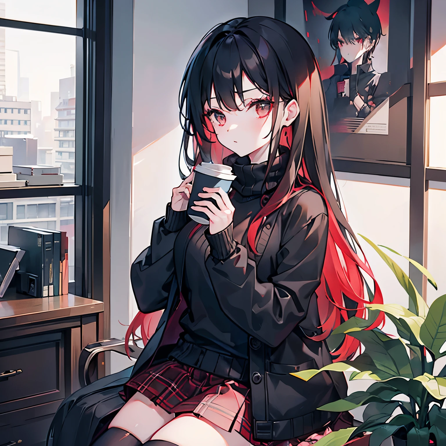 indoors, portrait, A 25-year-old woman holding a coffee cup, Black short knitted cardigan, arm:1, Dark red and black plaid narrow skirt, Black suede knee-high boots, Stand next to the office window,Put your hands on key parts