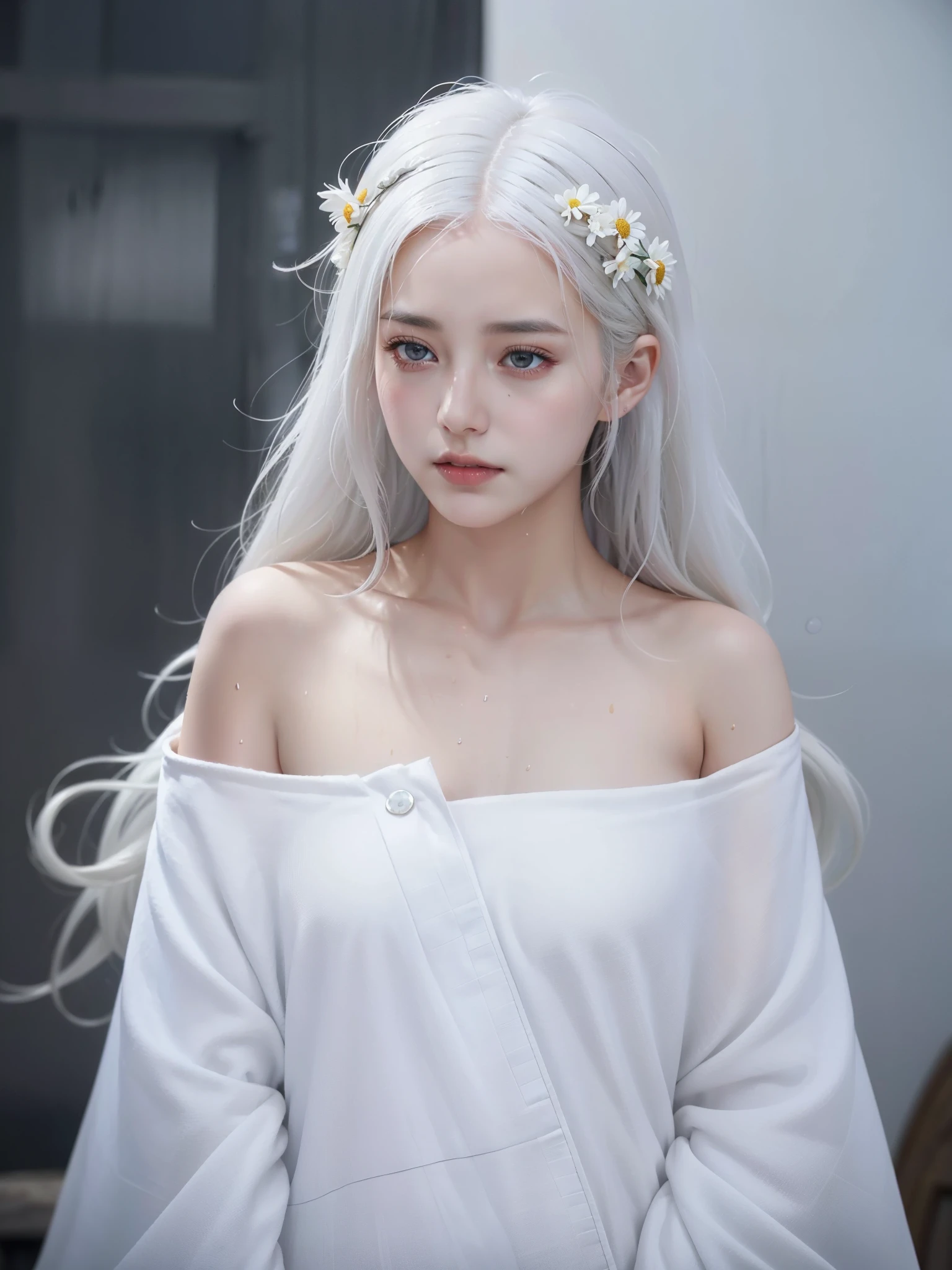 1 girl,alone,1 girl,alone,((Beautiful and delicate eyes)), (detail light),depth of field,(white hair),silver eyes,hair covering one eye,(safflower ), hair flower,long hair,black cloak,wet,emotionless,look back,night,Starfall,rain,FOG,safflowers falling,sketch,Upper body,intense shading,