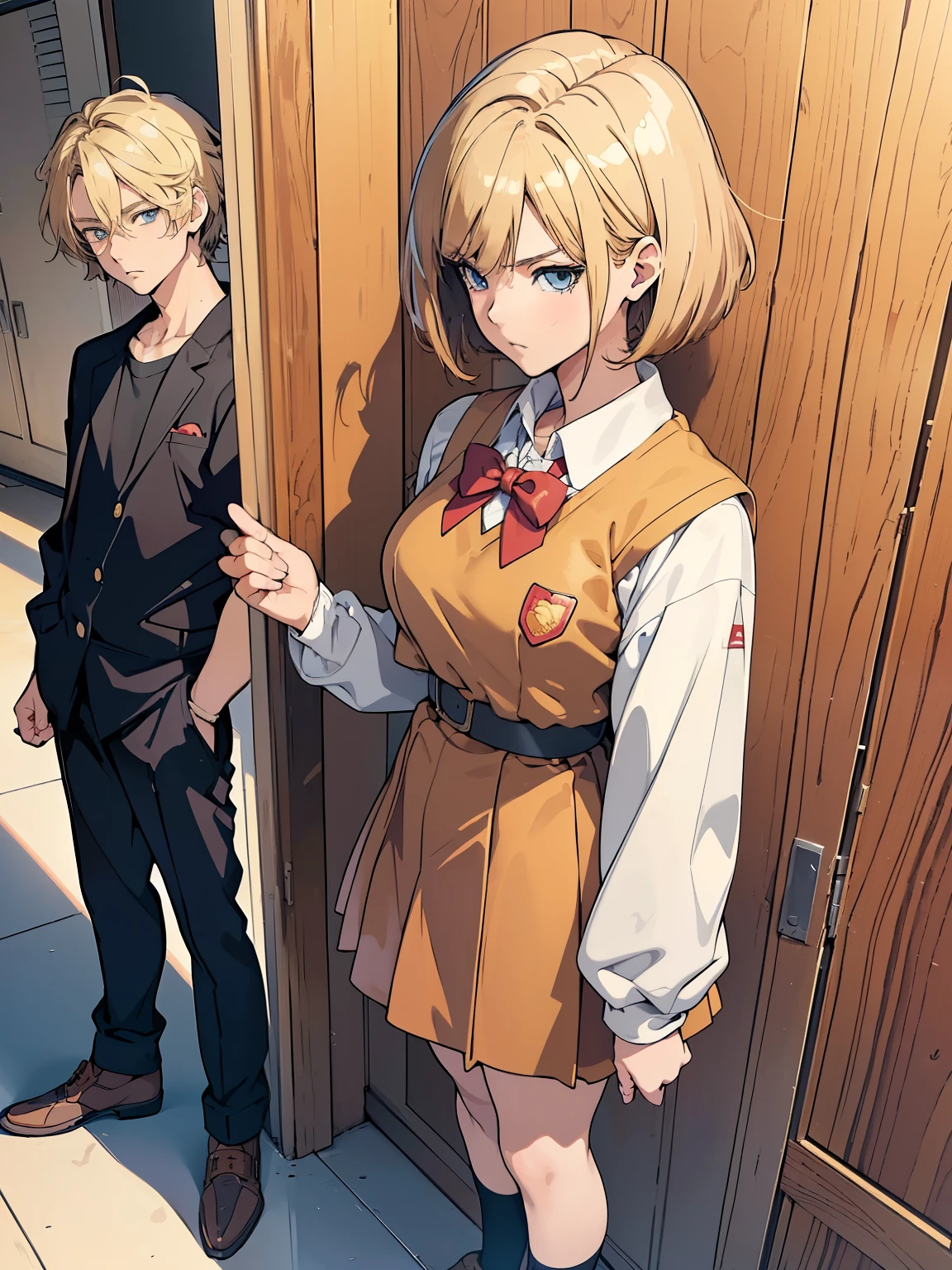 (1 girl: 1.3), (anime boy: 1.3), (standing together: 1.3), (big眼睛: 1.2), splash art anime lolita, Blonde long hair anime girl, (brunette anime boy with short hair: 1.5), Smooth anime CG art, Anime Art Wallpaper 8K, 4k comic wallpaper, (big: 1.3), (big: 1.3), (Wearing school uniform: 1.3)