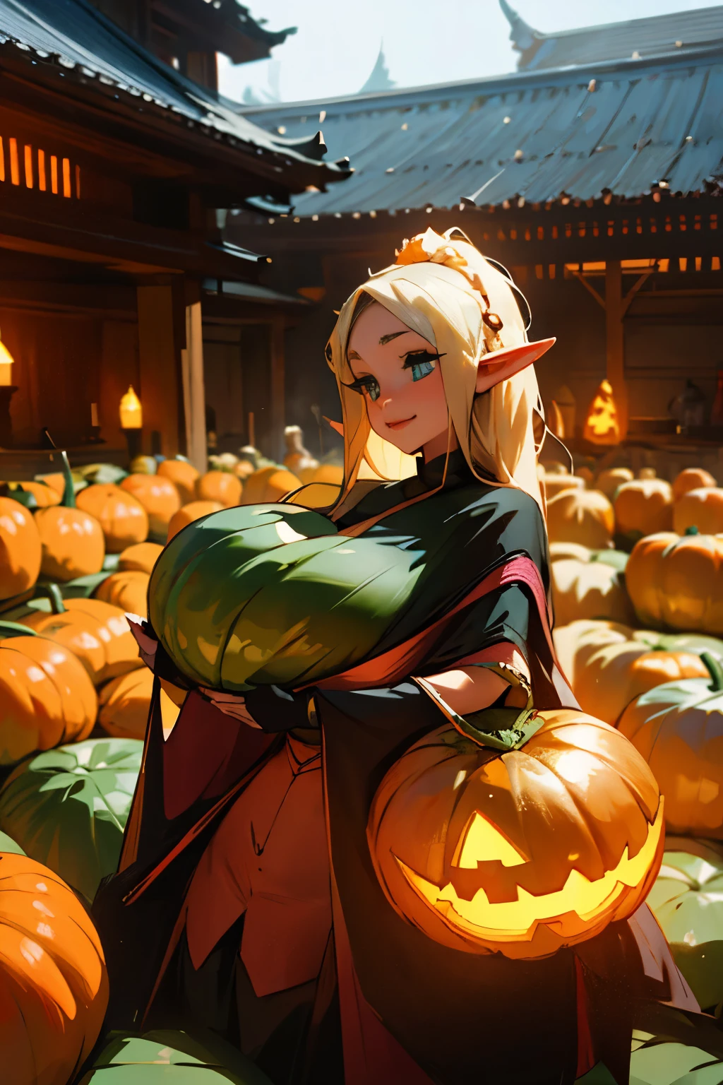 Beautiful elf holding a pumpkin lantern, giga_busty