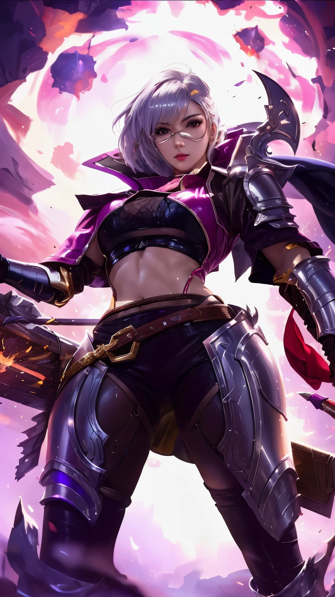 a close up of a woman with a sword and a fireball, extremely detailed artgerm, ig model | artgerm, fiora from league of legends, ashe, vi from arcane, league of legends character, style artgerm, riven, sharp silver armor fuchsia skin, kda, artgerm lau, by Yang J