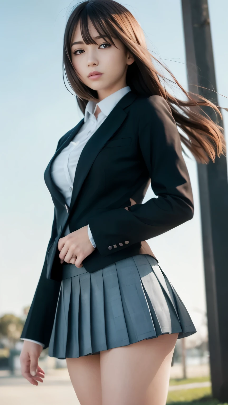 (Skirt shot up from below) edge lighting, RAW photo, highest quality, High resolution, (masterpiece), (realistic), professional photography, sharp focus, HDR, 8K resolution, intricate details, sophisticated details, Depth of bounds written, (Highly detailed CG 8k wallpaper unit), Highlights and Shadows, (perfect anatomy), 1 beautiful woman, Beautiful smiling model, Standing outdoors in the magnificent wind, medium breasts, thin waist,(high school girl、high school uniform、blazer、pleated skirt: 1.2), (Illumination skirt with strong wind blowing), (Highly detailed hair and pubic hair)