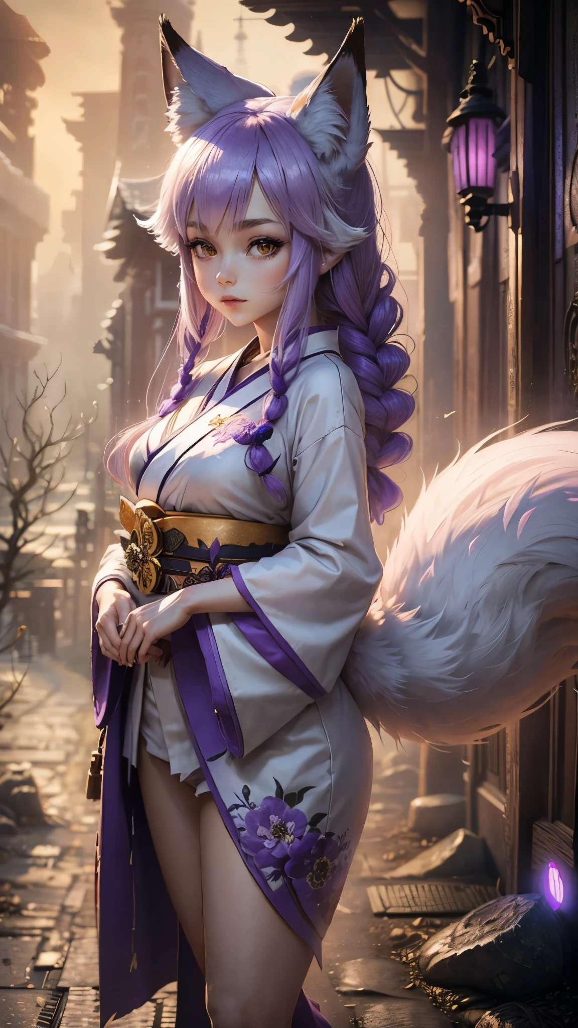 (best qualityer:1.2), (high resolution:1.2), (beautiful face and eyes:1.5), (sharper focus:1.2), (ultra-realistic photo:1.2), (Ultra-precise photo:1.2), (Depth of field:1.2), (8k high resolution:1.2). (Perfect Anatomia:1.2), 
(beautiful hands:1.5), (perfect hands:1.5), (cynical smile:1.2), (A very young and handsome Chinese handsome man:1.0), (On top of a steep rocky mountain, purples eyes:1.2), 
(white wolf ears, long white hair tied up :1.2), (purple magic on forearms:1.0),  Chinese man with very light gray pants and worn arms:1.0), 