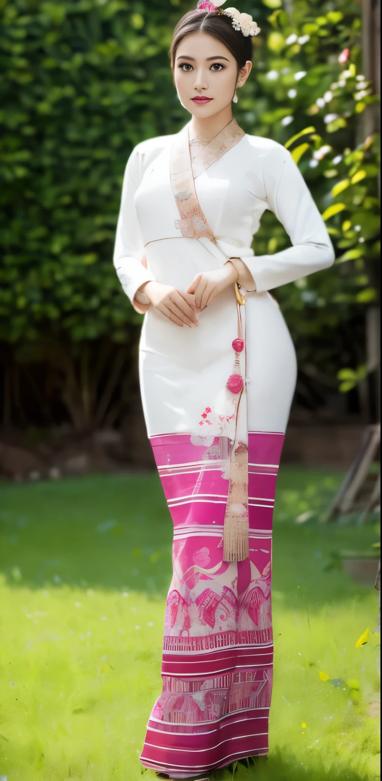 (best quality,4k,8k,highres,masterpiece:1.2),ultra-detailed,(realistic,photorealistic,photo-realistic:1.37),Beautiful girl wearing Tai khun traditional dress, vibrant flowers, sunlit field, traditional costume, delicate embroidery, radiant smile, graceful stance, colorful petals, golden hour lighting, peaceful atmosphere, traditional headpiece, blooming flowers, flowing fabric, cultural heritage, Thai culture, lush green grass, nature backdrop, intricate patterns, tranquil setting, traditional attire, joyful expression, traditional accessories, ornate design, traditional dance, vibrant colors, nature-inspired, traditional celebration, natural beauty, traditional dress, traditional elegance, traditional gathering, traditional festival, cultural pride, traditional heritage, graceful movements, traditional patterns, floral beauty,,slim fit dress,(Pretty Buttocks:1.5), long Hair, Instagram Pattern Pose, standing cute pose, confident, slim girl, big tits:1.2, perfect anatomy, perfect symmetry:1.2, Realistic, realistic face:1.3, perfect face, beautiful white pink skin, captivating face, content, confident, very detailed, and dramatic, cinematic lighting, Lighting scene, soft lights graceful movement, full body photography, (((masterpiece :1.5))), vibrant colors,exquisite embroidery,detailed patterns