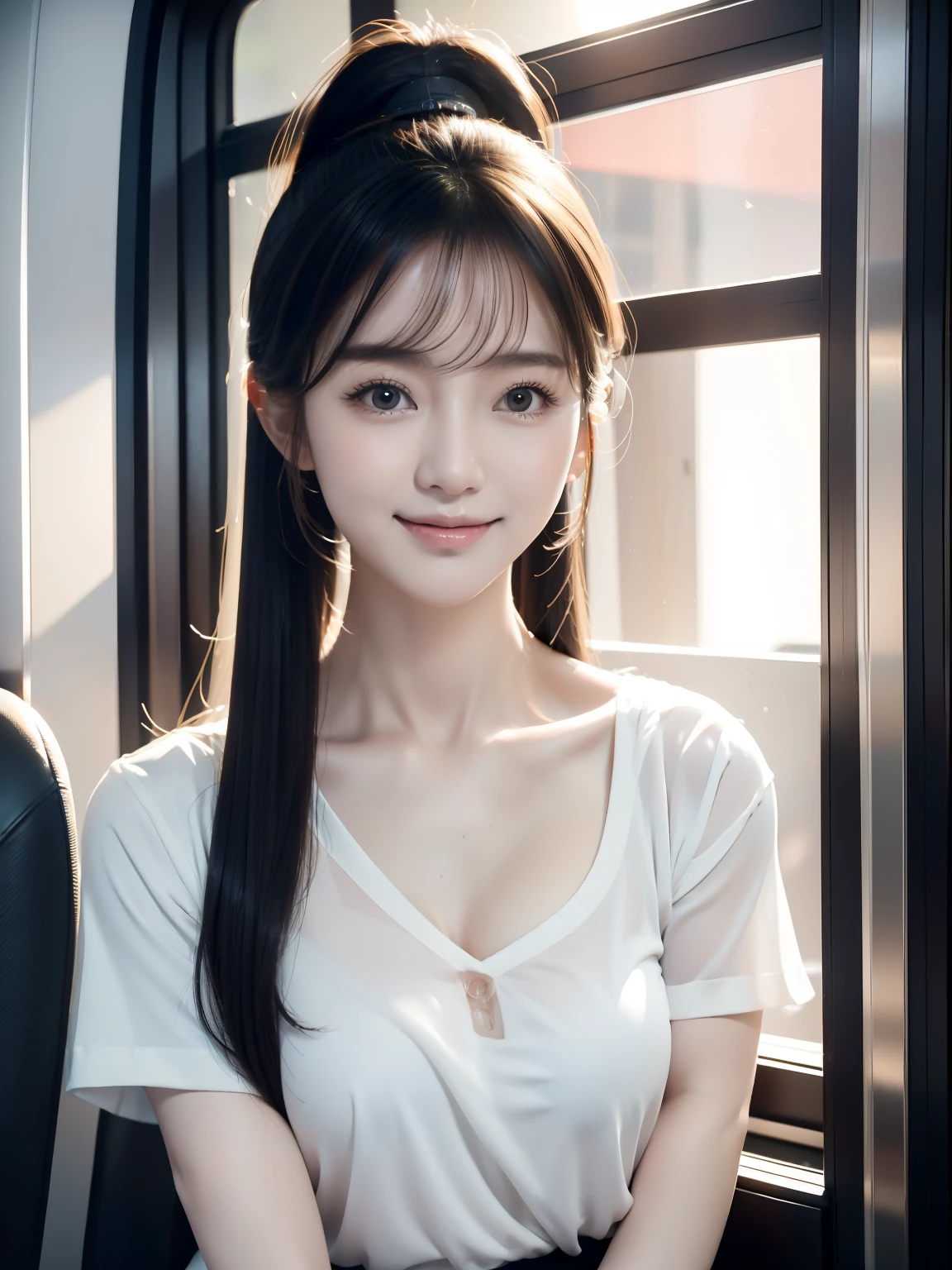 Real photos of cute Korean female stars, Uneven double ponytail, Light makeup, Medium size, smile slightly, Colorful T-shirt, On the bus, Clear facial features，The details are sharp and realistic, Sony FE, 35mm, Cinema lighting, high detail, UHD, high quality, HD, 8k, 16k