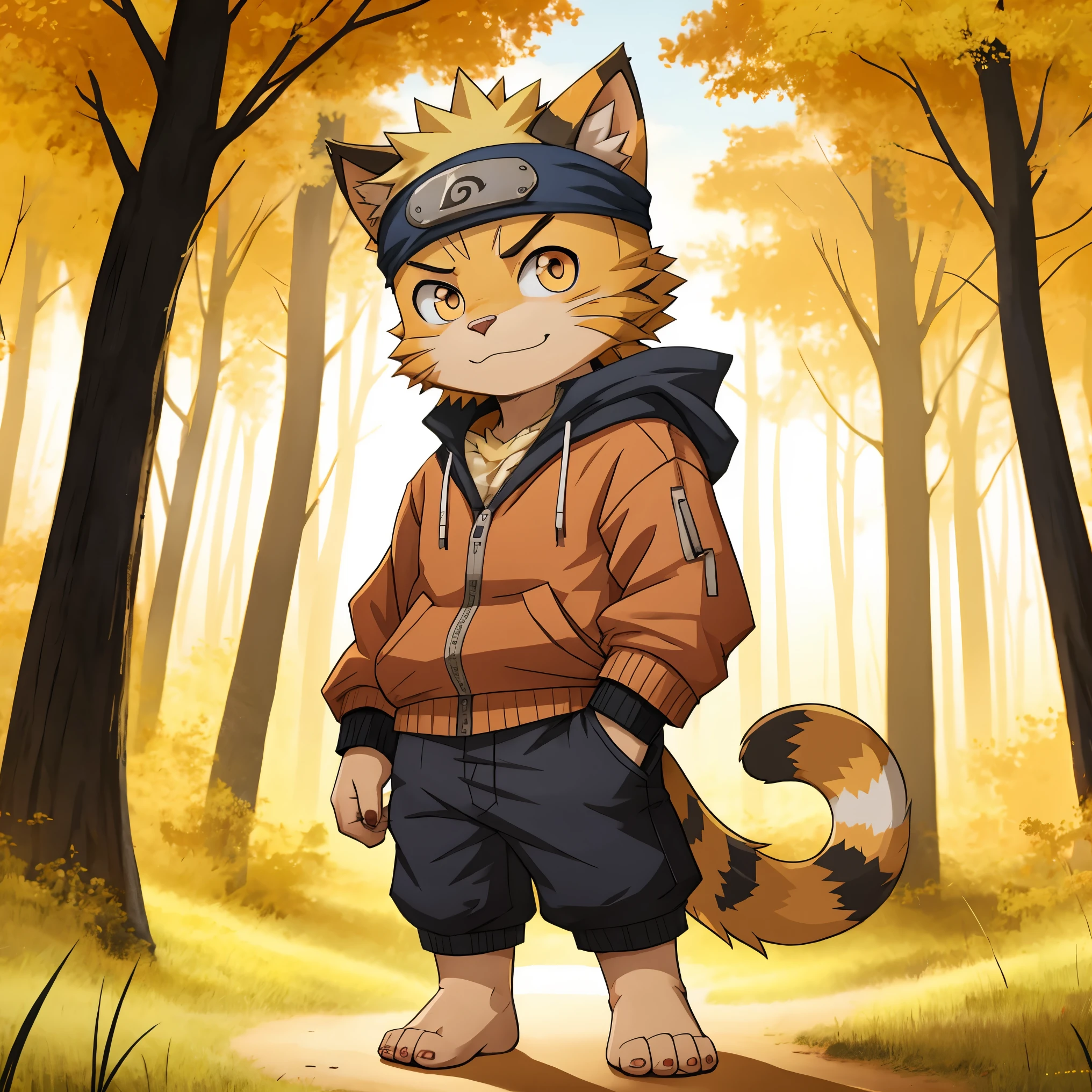 Cat dressed as naruto from naruto anime, chibi, standing, background forest, stunning style