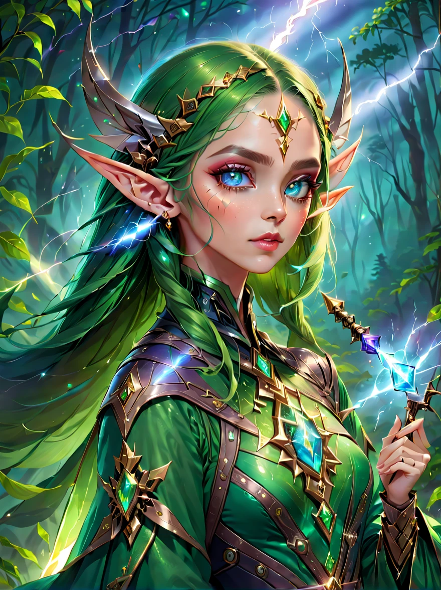 (portrait),cowboy shot, portrait of a female elf,Unique blend of magical and futuristic mechanical themes,((Showing off her enchanting beauty while holding a mechanical gemstone wand and casting lightning magic))。Her facial features are very beautiful,Pointy ears and charming eyes,Complements flowing hair。(The costume she wears combines traditional elf clothing with futuristic technological mechanical elements.:1.3),Symbolizing the intersection of magic and technology。The background blends a mysterious forest with subtle futuristic sci-fi elements,Enhanced with unique themes。Her expression confident and powerful,Capturing the grace and power of mythical spirits。Psychedelic stage,ethereal atmosphere, (anatomically correct, Exquisite face makeup , pretty face, Perfect face proportions),(Advanced facial details:1.1),1.4x more realism,movie lighting, Sony FE , wide angle, First-person perspective, 8k, ultra high definition, masterpiece, Acura, textured skin, high detail, best quality, Award-winning,Photographed from a distance,Sense of distance