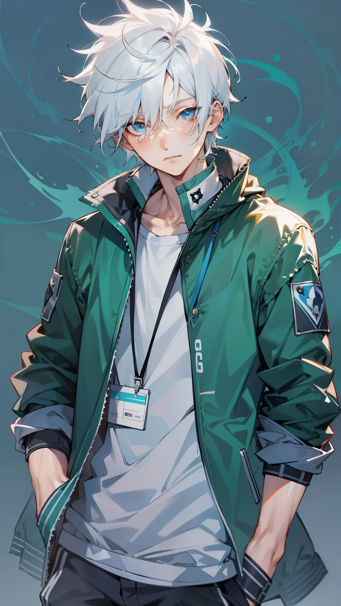 masterpiece, young male, white hair, short hair, messy spikey hair, silver eyes, casual clothing, blue tech jacket, black pants, detailed eyes, 