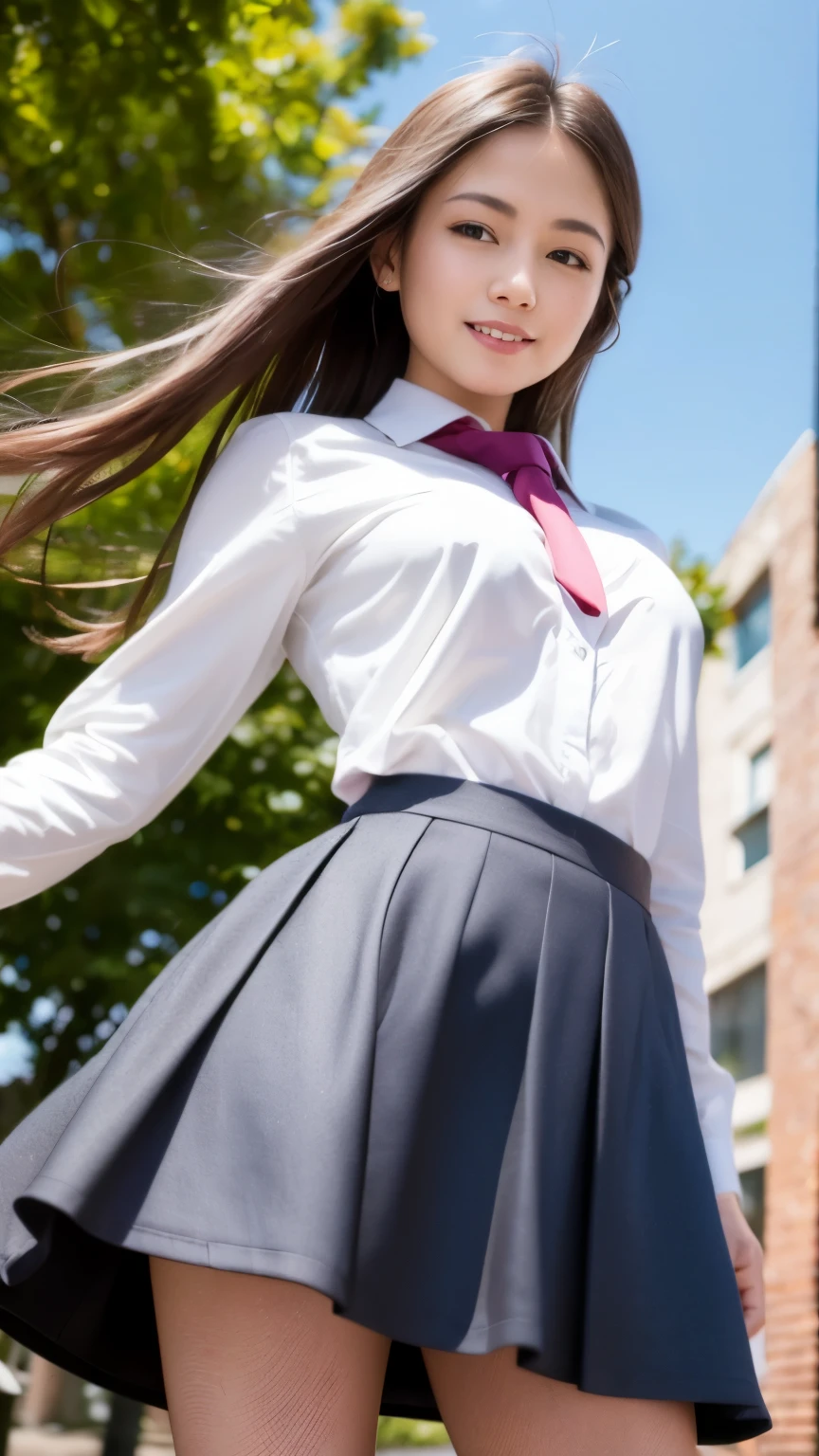 (Skirt shot up from below) edge lighting, RAW photo, highest quality, High resolution, (masterpiece), (realistic), professional photography, sharp focus, HDR, 8K resolution, intricate details, sophisticated details, Depth of bounds written, (Highly detailed CG 8k wallpaper unit), Highlights and Shadows, (perfect anatomy), 1 beautiful woman, Beautiful smiling model, Standing outdoors in the magnificent wind, medium breasts, thin waist, (high school girl、high school uniform: 1.2), (Illumination skirt with strong wind blowing), (Highly detailed hair and pubic hair)