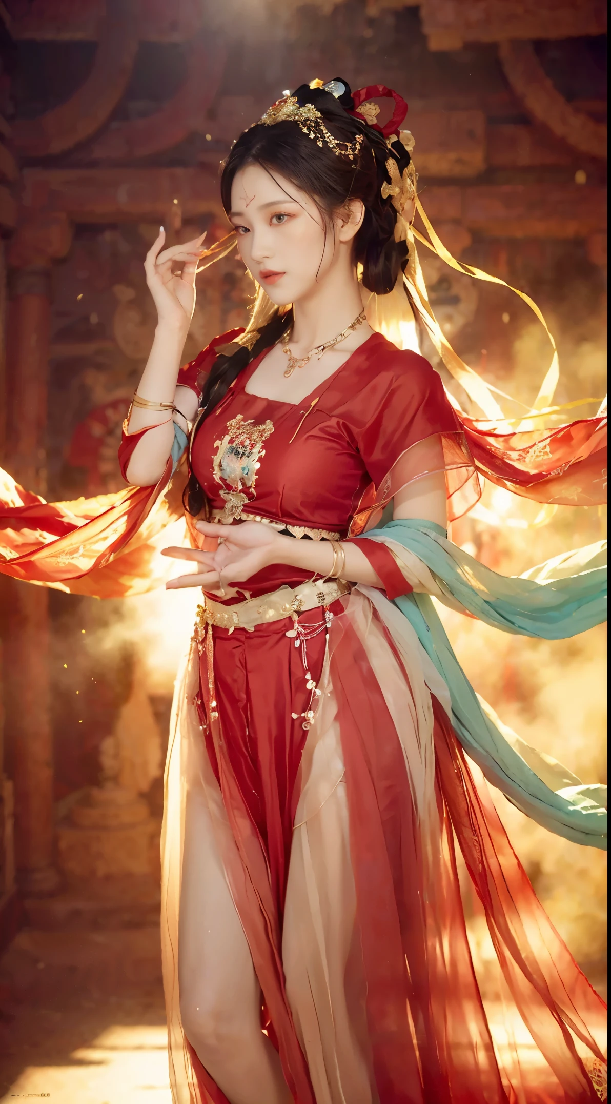 (8k, original photo, best quality, masterpiece:1.2), (actual, photo-actual:1.4), (Extremely detailed CG unified 8k wallpaper), (1 girl:1.5), western, (red clothes: 1.4), There are red spots on the forehead, pale skin, blush, big eyes, whole body, thigh, open navel, Gold-tone waist chain, gold jewelry, Fluttering ribbons, particle, Loulan ancient city background, Ancient city walls, desert, dance, Dunhuang_skirt, Dunhuang_style, , new world foundation