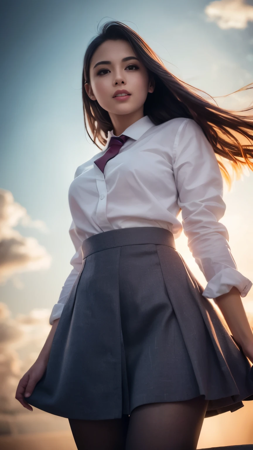 (Skirt shot up from below) edge lighting, RAW photo, highest quality, High resolution, (masterpiece), (realistic), professional photography, sharp focus, HDR, 8K resolution, intricate details, sophisticated details, Depth of bounds written, (Highly detailed CG 8k wallpaper unit), Highlights and Shadows, (perfect anatomy), 1 beautiful woman, Beautiful smiling model, smile gently、Standing outdoors in the magnificent wind, medium breasts, thin waist, (high school girl、high school uniform: 1.2), (Illumination skirt with strong wind blowing), (Highly detailed hair and pubic hair)