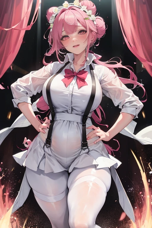 masterpiece、The best、1 female student、White cloth bun bun bun、Shoulder leakage、big breasts、chubby、Smile、Black suspenders、lace leggings、light pink lips、posing at school,(Soaked all over),legs are open, solo, White polo shirt, looking at the audience, (Thick thighs:1.0),Yazawa Nico,red eyes, Blushed,Blunt hair,hands on hips,greet,Flower headdress,Large scissors