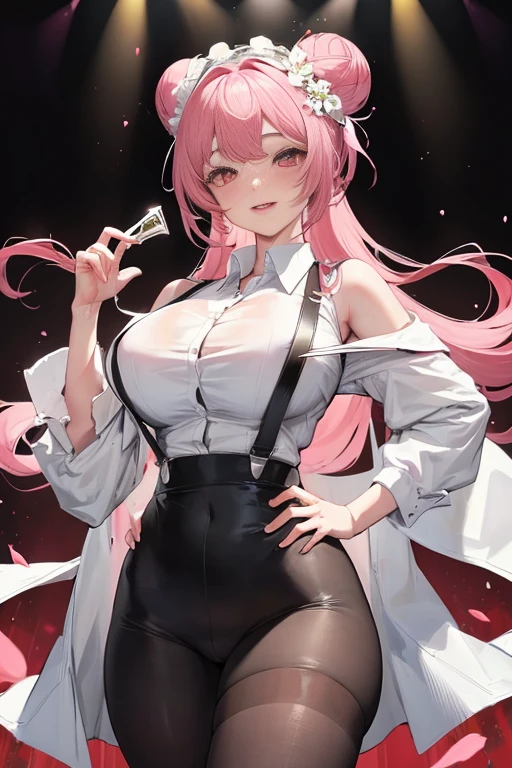 masterpiece、The best、1 female student、White cloth bun bun bun、Shoulder leakage、big breasts、chubby、Smile、Black suspenders、lace leggings、light pink lips、posing at school,(Soaked all over),legs are open, solo, White polo shirt, looking at the audience, (Thick thighs:1.0),Yazawa Nico,red eyes, Blushed,Blunt hair,hands on hips,greet,Flower headdress,Large scissors