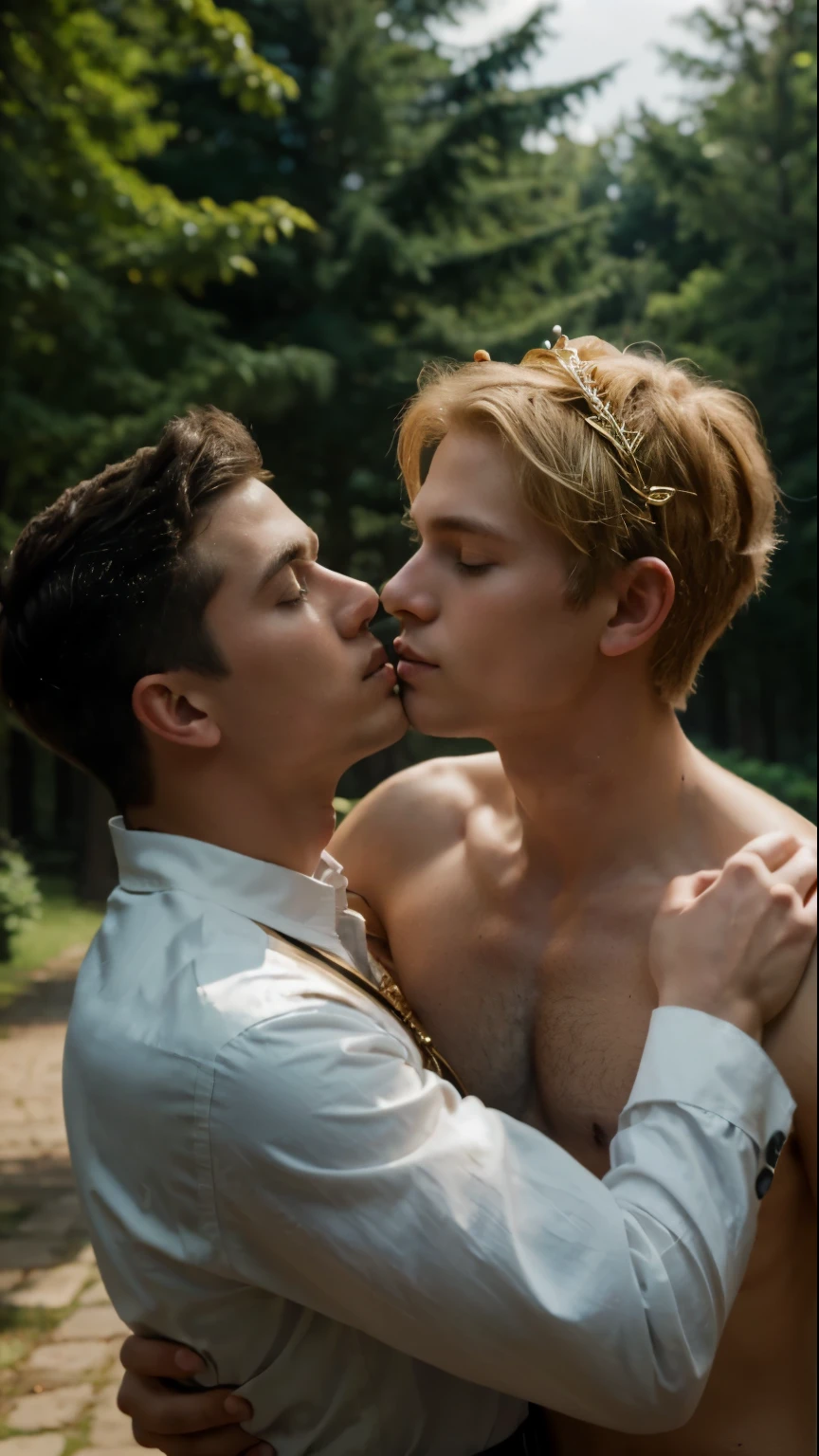 young blond man prince with crown on his head kissing another commoner man with short black hair. Castle and forest background.
