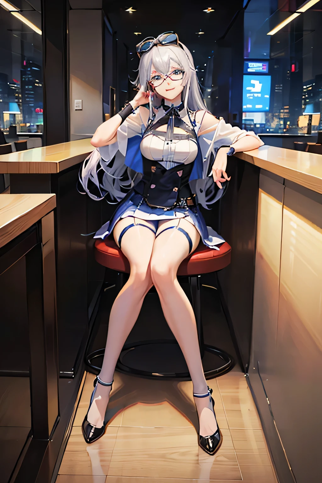 blue eyes, whole body, sit on the chair, cafes, slim girl, wear glasses, High heel, bare legs, silver hair, long hair, hair behind ears, colorful eyes, faint smile, Grinning, anime style, cubismo, high detail, Surrealism, Ray tracing, Stereo view, high resolution, 1080P, 4K, Award-winning, high details, high quality, best quality