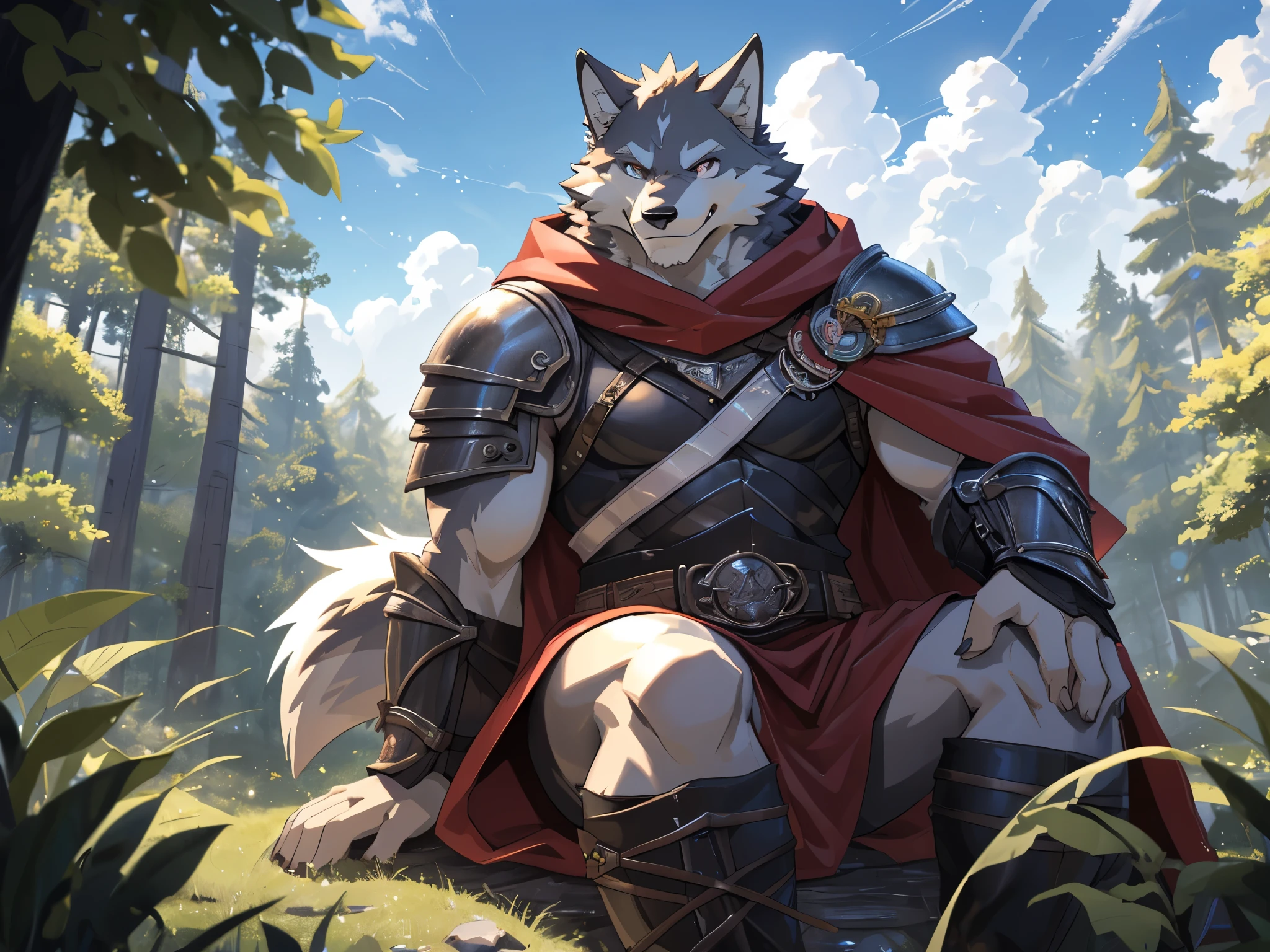 ((from below:1.3)), ((sitting on the front of the viewer:1.2)), looking at viewer, (background is wide view of blue sky with cloud at the forest:1.5), (a smile face :1.4), ((upper body :1.5)), Anthro((dramatic))epic, dynamic pose, One scene of movie, An extreme perspective with a powerful composition, absurdres, Perfect Anatomy, magnificent picture of kemono fighting fierce battles, (ultra detailed), sharp focus, niji, eyesgod, black eye, furry, light-white fur, brown fur, white beard, anthro (wolf), male, middle-aged, gray body, white belly, tail, muscular, knight costume, long red cherry cloak, ultra detailed face, depth of field, motion blur, high details, high quality, award winning, HD, 16k, (best quality,4k,8k,highres,masterpiece:1.2),ultra-detailed,realistic:1.37,HDR,UHD,studio lighting,extreme detail description,professional,vivid colors,bokeh,lively atmosphere, natural lighting, (close up:1.5)