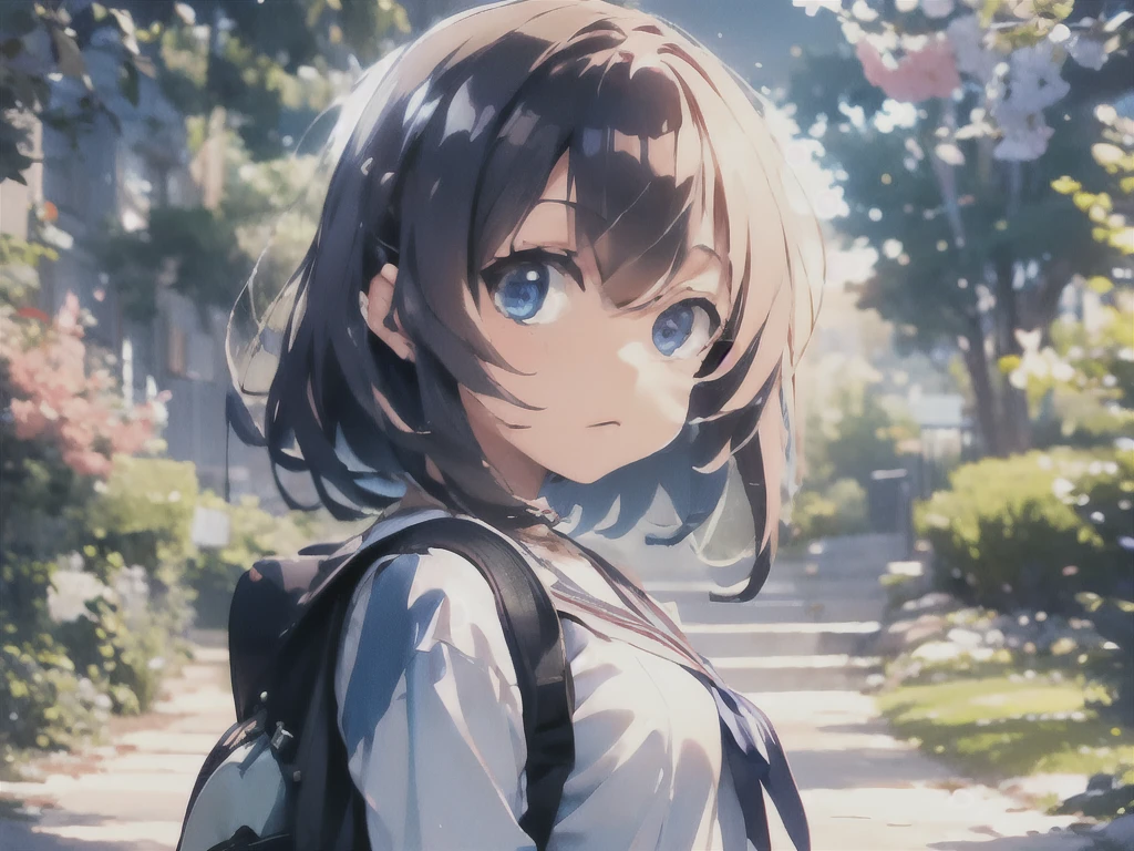 highest quality,pixiv,cozy animation scene, school uniform、white blouse、girl、high school、landscape、walk、anime style、whole body、bob、whole body、cute、rucksack、walk、Overall view、navy blue skirt、clear eyes、Black blouse、blue sky、universe、nature、wood、leaf、Fresh、youth、Fresh eyes、High resolution、delicate、look back、sunlight、Jacket、mouth、beautiful