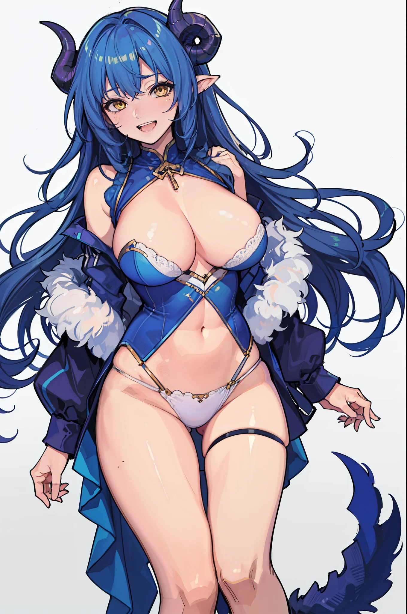 sheep woman, two side horns next to the head, laughing blue hair, yellow eyes, shapely legs, fit body, big breasts, tail with wool at the end, fitted two-piece clothing, 8k, hd, masterpiece, white background