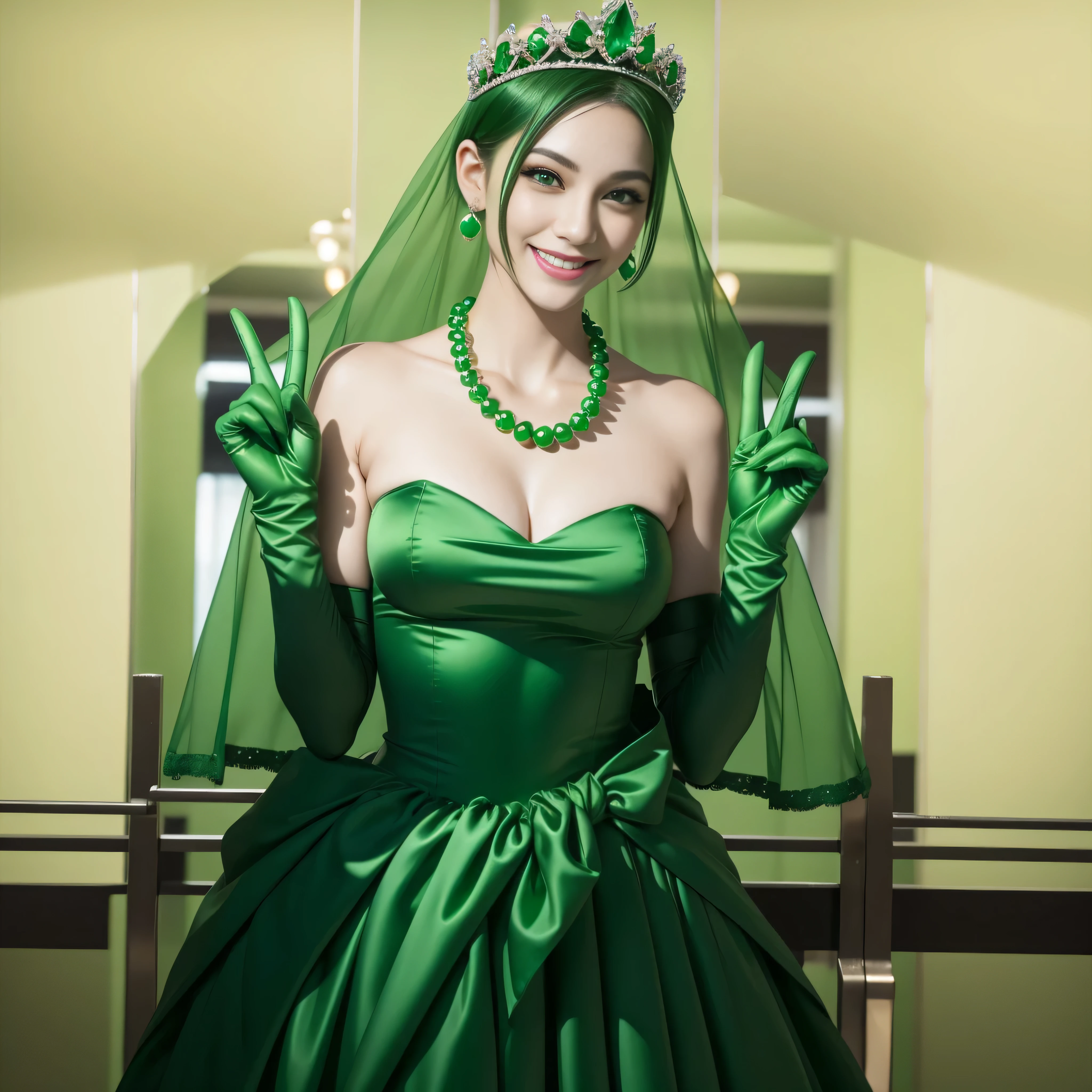 emerald tiara, green pearl necklace, boyish very short green hair, lipstick, smiling Japanese woman, very short hair, big breasts beautiful, green eyes, Long green satin gloves, green eyes, V sign, emerald earrings, green veil
