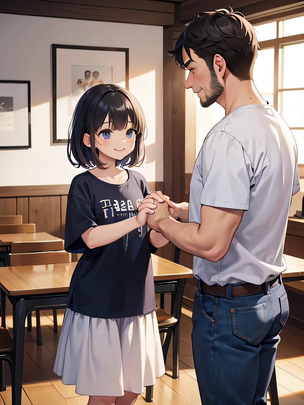 1,This is a one-on-one handshake event.
2,A woman shaking hands with a man in his 40s.
3,woman is sitting on a chair.
4,They are shaking hands across the desk..
5,Her face is turned upwards and she is talking to the other person.. (Man in his 40s standing.)
6,woman is bored, But she's wearing her own clothes, Mainly frill skirts.
7,The woman has the best smile.
8,A man in his 40s in casual clothes, T-shirts and denim, Smile too.
9,The place is a small handshake venue., Surrounded by white walls and pure white interior.