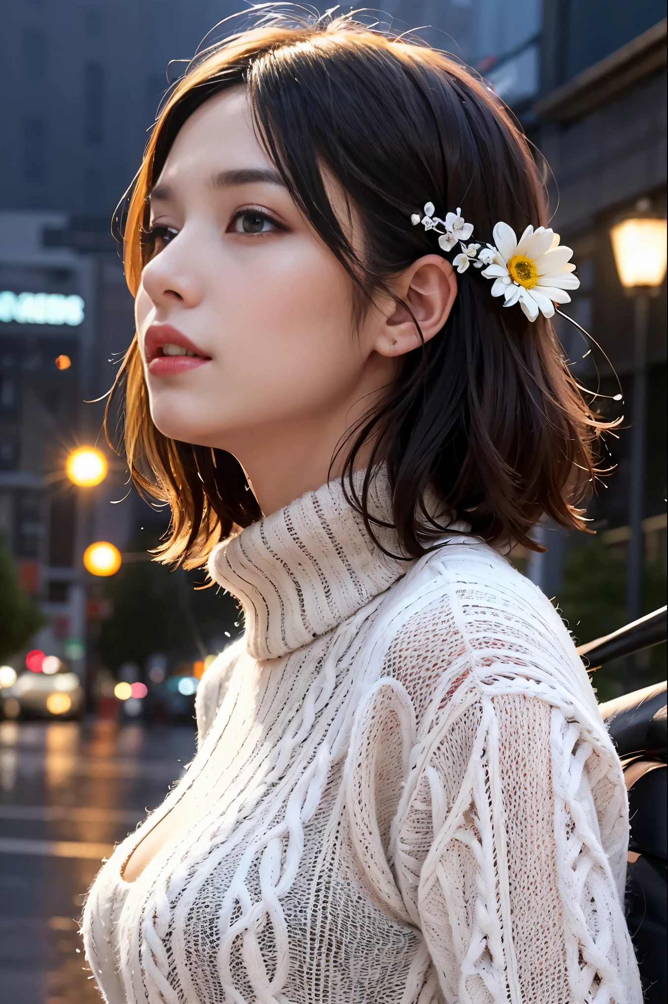 (((​masterpiece)))、((top-quality))、(The ultra-detailliert)、8K、(Very noble and beautiful))、Cinematic Light、((1 Mechanical Girl))、Looking here、White ceramic body、a purple eye、Colossal tits、The cleavage  visible、Single、(Mechanical joint:1.4)、((Mechanical limb))、(Blood vessels attached to tubeechanical spine attached to the back))、((Mechanical cervical vertebrae attached to neck))、(Wires and cables attached to the head and body:1.5)、 neon details、科幻小说、cowboy  shot、((The background  Cyberpunk City)),  Korean idol girl under a shower of rain and colorful daisy petals,  soaking wet and looking up,  crystal style photo,  4K version, full posture, real photo, crystal clear with details of rain drops and flower petals,  (((wear fur sweater)))