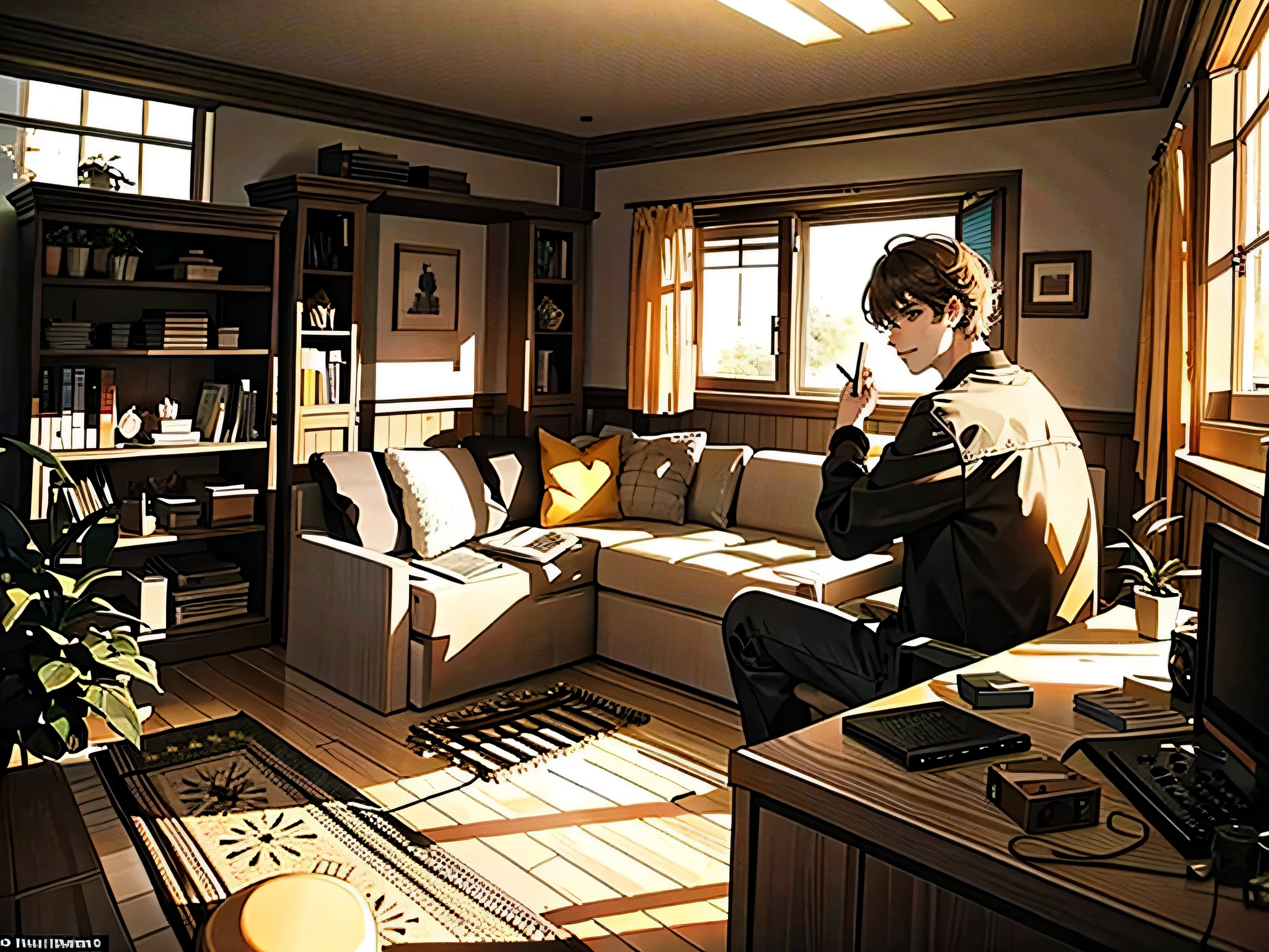 Programmers work overtime, Old house, Sit back in a comfortable gaming chair，Code being written, streak of SunLight hitting face, Casual gestures, aesthetic, complicated, Caustics, Light, SunLight