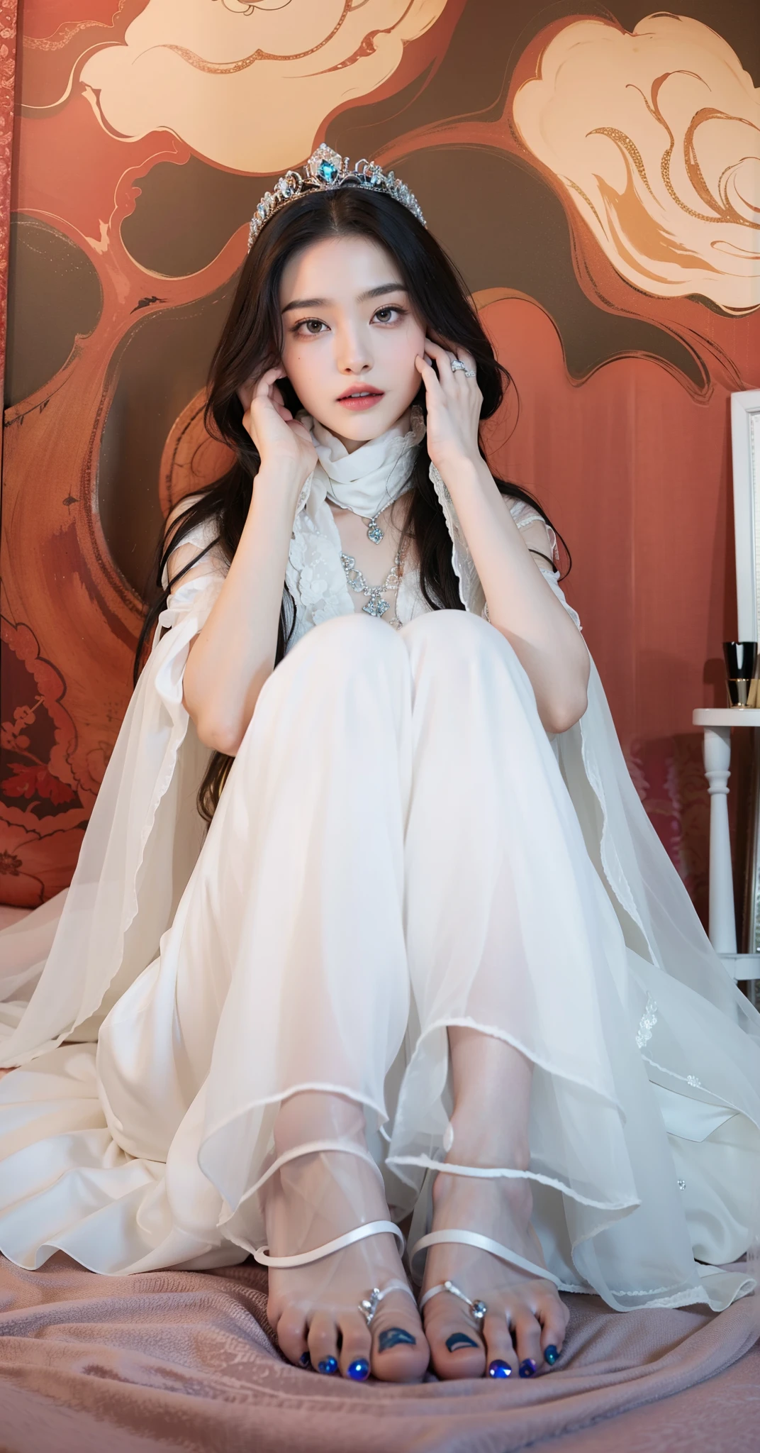 Royal sister,Queen of exquisite eye creams,put the crown on your head,Detailed facial expressions body,tall figure,number,Leg length,4K,HD,,White translucent lace,白皙plump身材,pretty face,Little cherry mouth,beautiful and delicious(3D royal sister),plump,gloss gel coat,Vampire queen wears luxurious dress,Crystal Gem Crown,Pictures are colorful and bright,Five toes,Normal toes
