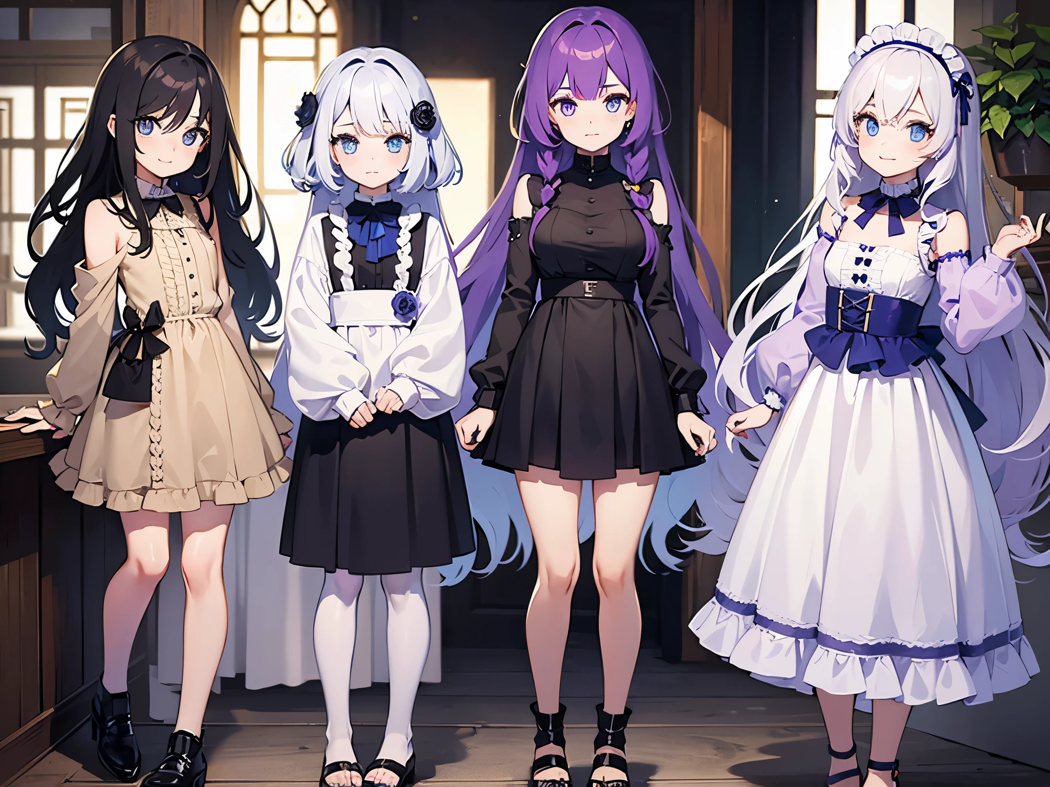 twins sister, hairstyles different, hair colors different, eye colors different, iris colors different, outfit styles different,