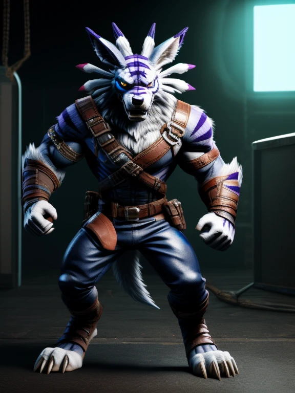 A fierce WereGarurumon, clad in a sleek black ninja suit adorned with bold red stripes, his blue fur standing out against the dark fabric. His paws are detailed with bandages and sharp claws, ready to strike at any moment. But something is off, as he seems to be in a trance, a look of weak resistance to hypnosis on his face. What could have caused this powerful creature to fall under someone else's control?