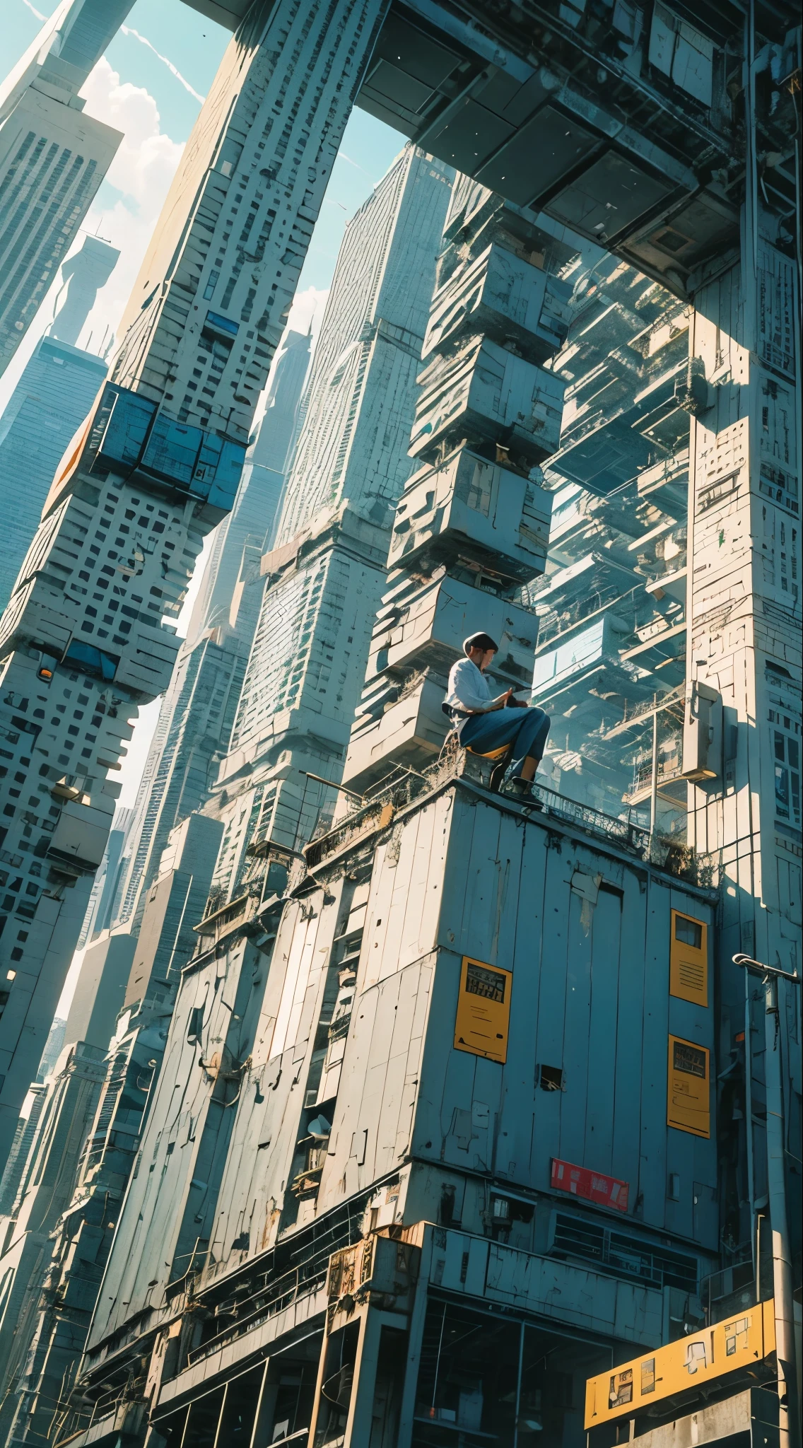alone, lonely scientist, achievement, holding a vaccine, on top of the bulding --auto --s2