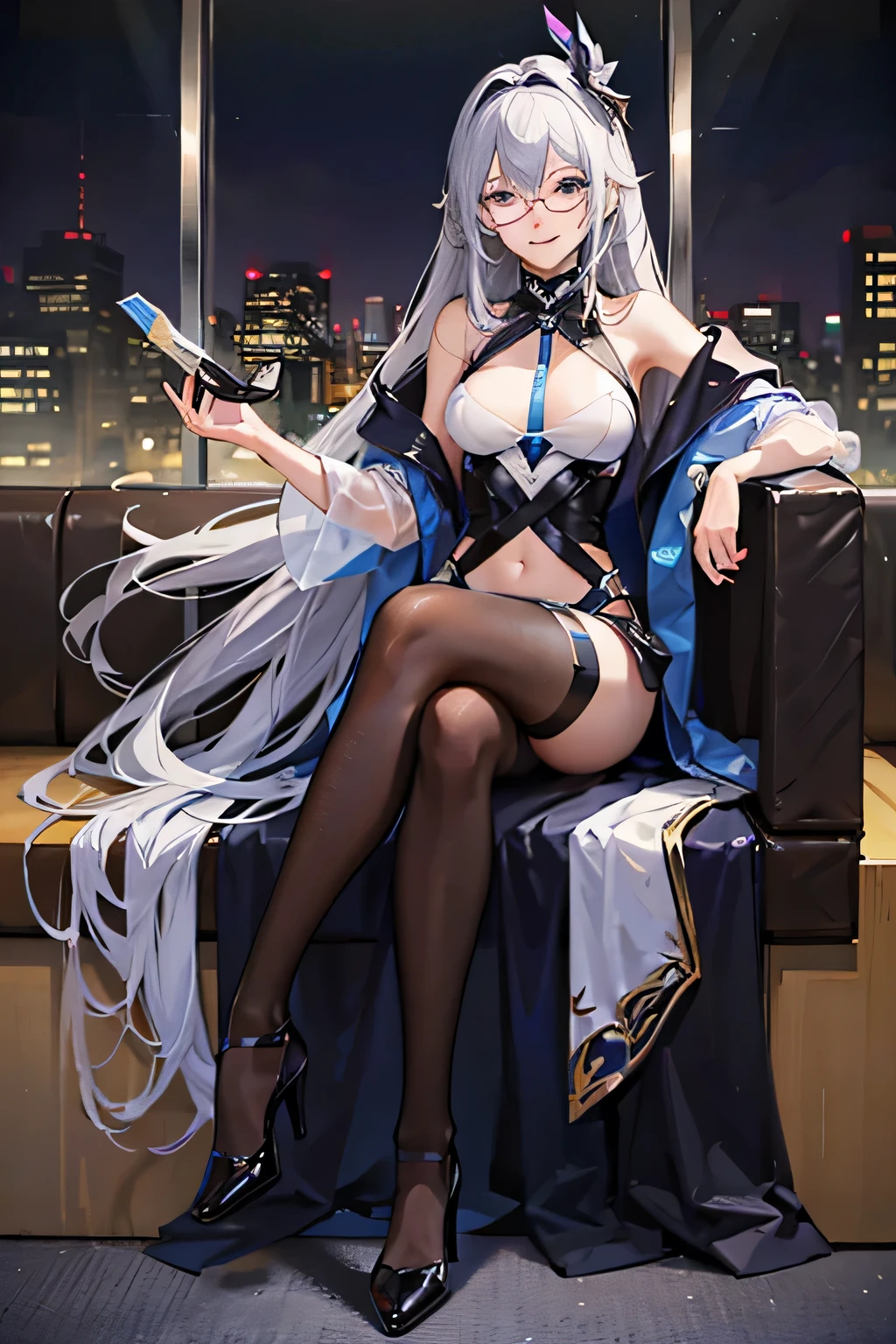blue eyes, whole body, sit on the chair, cafes, slim girl, wear glasses, High heel, flat chest, black hair, silver hair, long hair, hair behind ears, Wear goggles on your head, colorful eyes, faint smile, Grinning, anime style, cubismo, high detail, Surrealism, Ray tracing, Stereo view, high resolution, 1080P, 4K, Award-winning, high details, high quality, best quality
