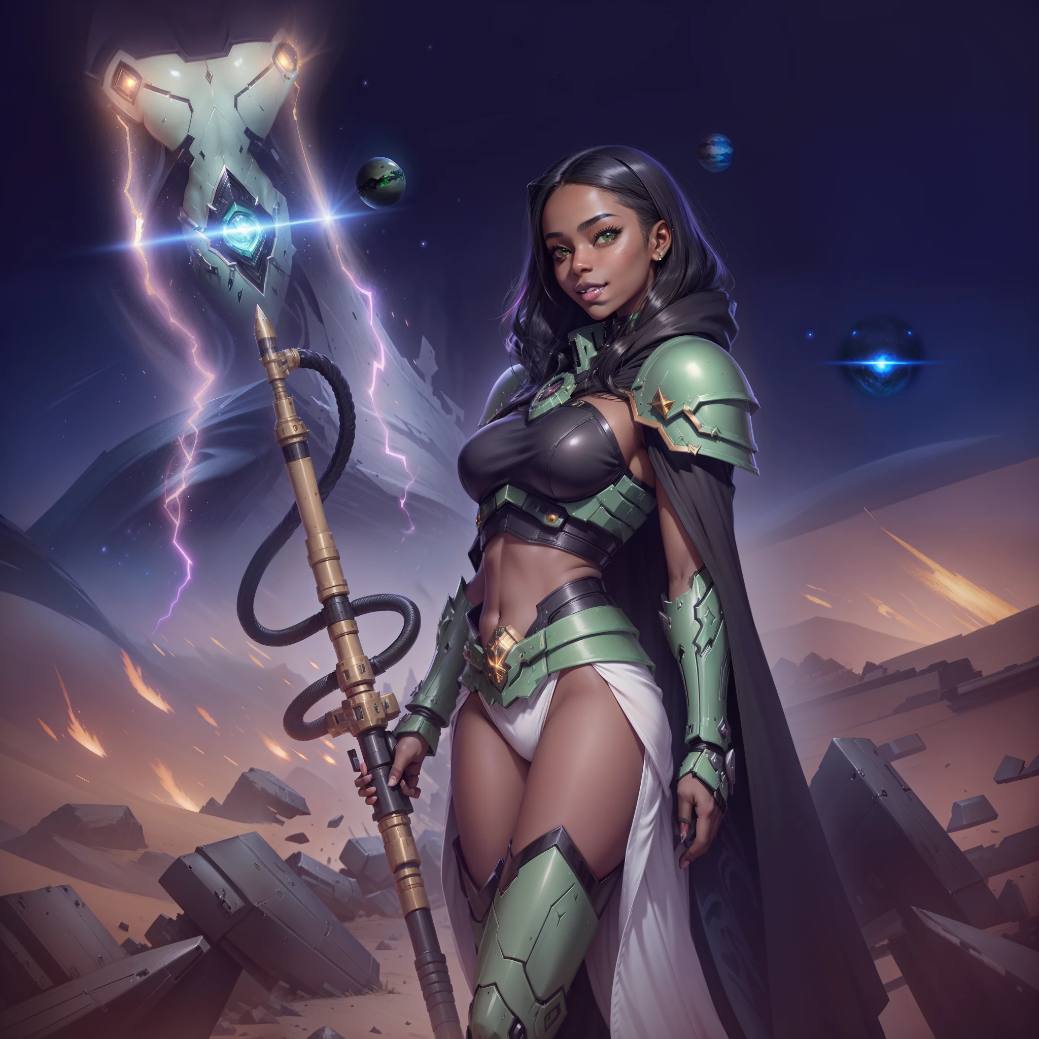 Grimdark, Warhammer 40K, full body capture, ultrarealist, Black Girl (Brown skin, green eyes, dark lips, corner smile), (fine nose:1), (Black hair:1), Wearing Howling banshee armor with Sticky midriff bodysuit, pink panty and skirt, pale green armor finition gold, open dress, cape, Cosmos Background (planets, a starship, battlefield), looking camera, focus on character, blurred, By Artgerm, trends Artstation, Techpriest, Black hair