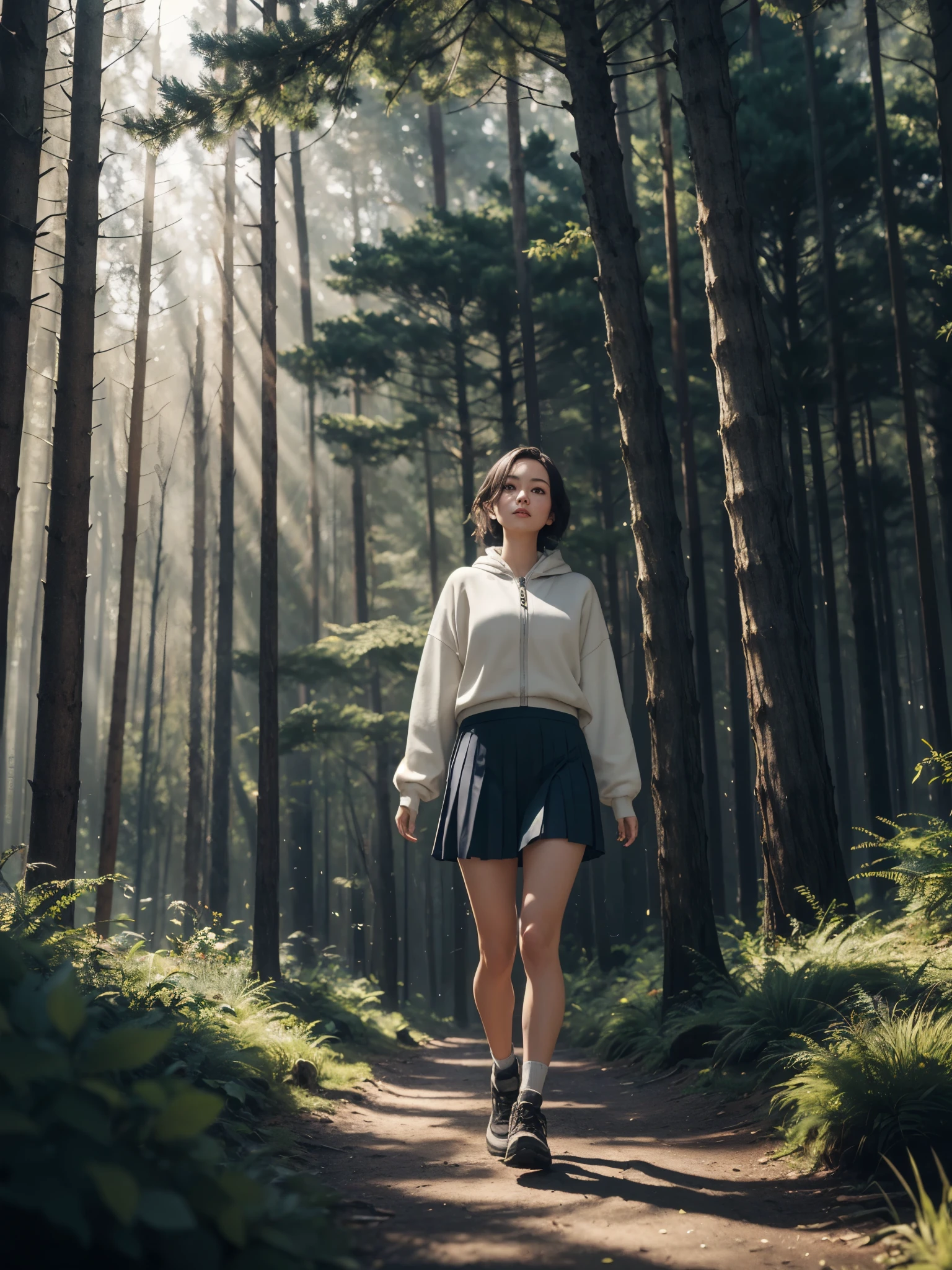 1girl, facing viewer, (full body:0.6), micro skirt, pleated skirt, zipper down sweater, walking, forest, forest hut, very wide shot, dappled sunlight, from below, stone path, head tilt, big tree, flying bugs, intricate clothing, film grain, cinematic lighting,