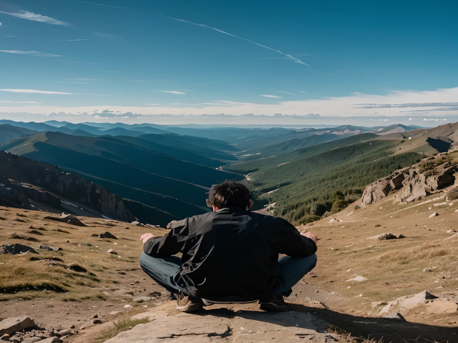 create an image of a scene of a man on a mountain praying, a very beautiful scene