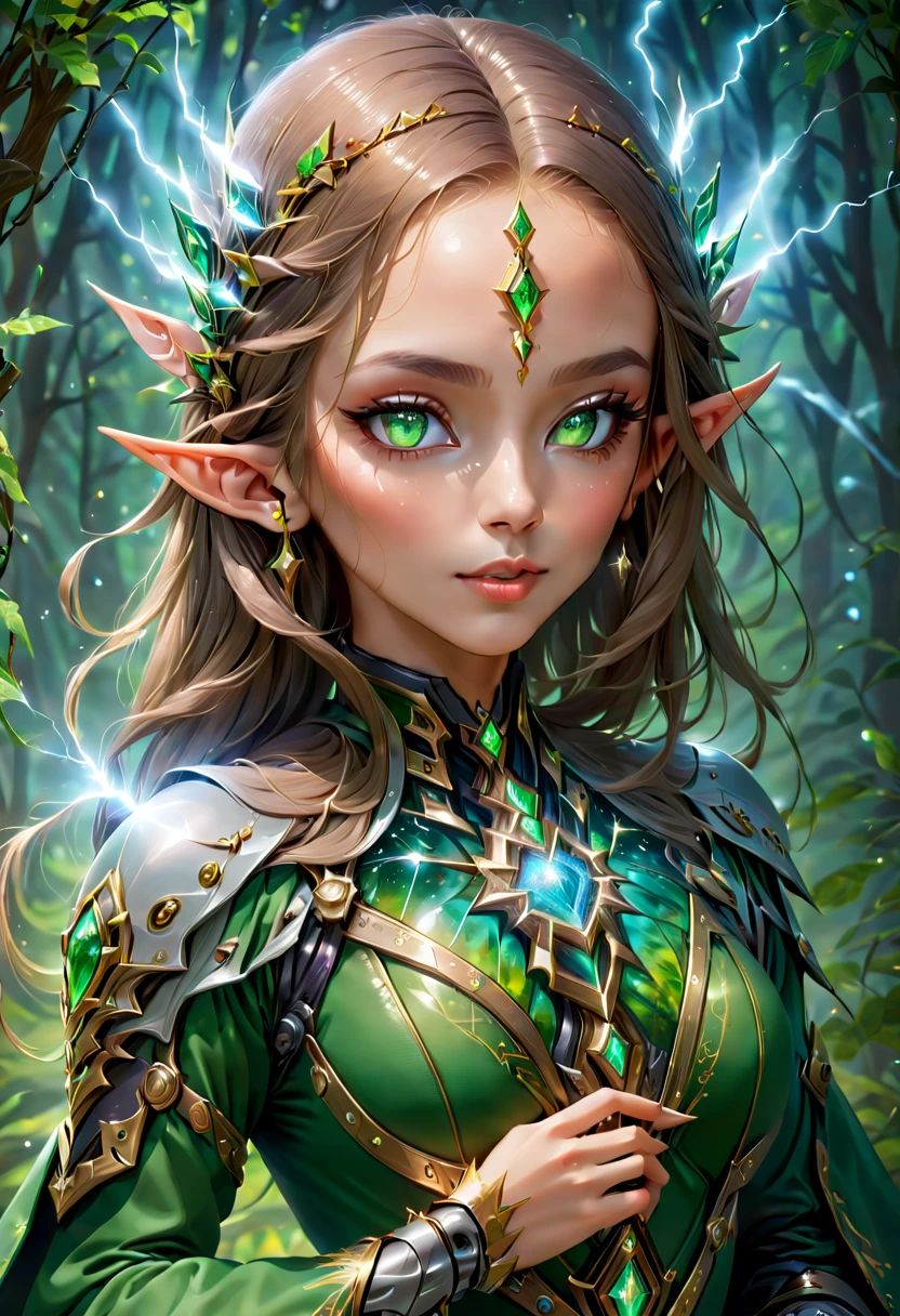 (portrait)，cowboy shot, portrait of a female elf，Unique blend of magical and futuristic mechanical themes，((Showing off her enchanting beauty while holding a mechanical gemstone wand and casting lightning magic))。Her facial features are very beautiful，Pointy ears and charming eyes，Complements flowing hair。(The costume she wears combines traditional elf clothing with futuristic technological mechanical elements.:1.3)，Symbolizing the intersection of magic and technology。The background blends a mysterious forest with subtle futuristic sci-fi elements，Enhanced with unique themes。Her expression  confident and powerful，Capturing the grace and power of mythical spirits。Psychedelic stage，ethereal atmosphere, (anatomically correct, Exquisite face makeup , pretty face, Perfect face proportions), （anatomically correct，Accurate and perfect hands，Detailed finger description，Delicate fingereautiful 5 woman fingers，Nice fingers），（Advanced facial details：1.1），1.4x more realism，movie lighting, Sony FE , wide angle, First-person perspective, 8k, ultra high definition, masterpiece, Acura, textured skin, high detail, best quality, Award-winning，Photographed from a distance，Sense of distance