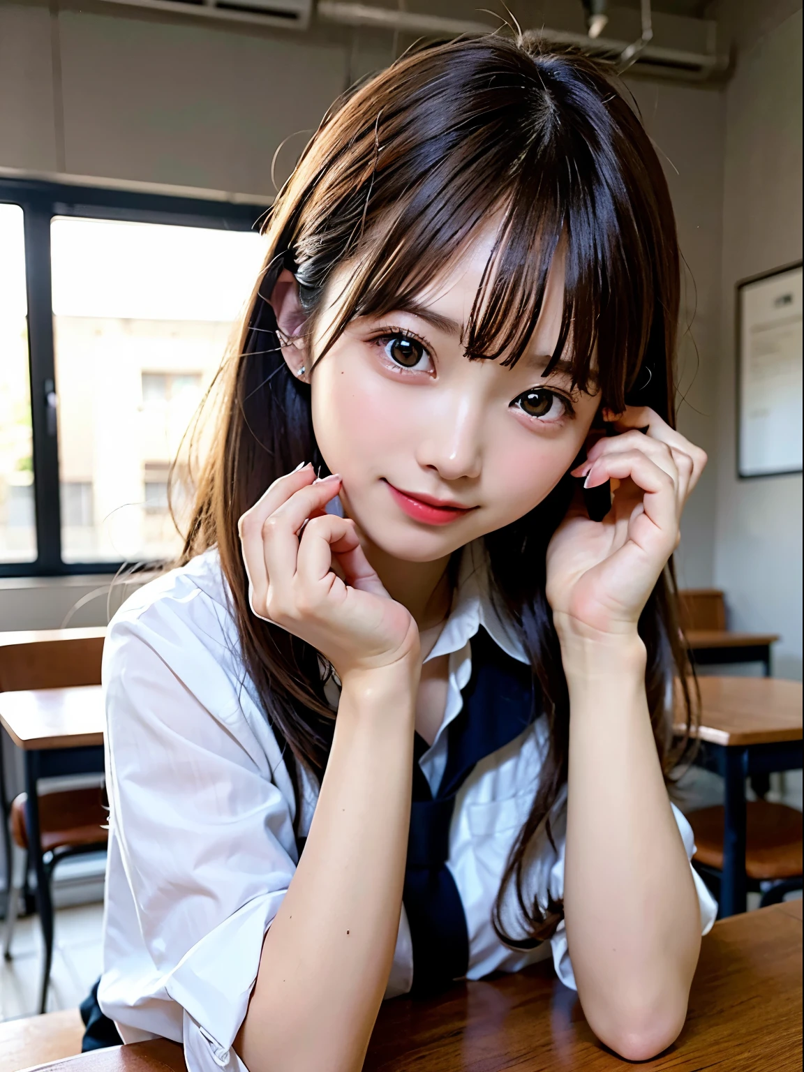(8K, RAW photo:1.2)detailed face and eyes,最high quality, ultra high resolution, very detailed ,intricate details ,table top ,pretty girl , soft light like a movie, hyper detail,sharp focus, high quality,school uniform, dripping from,