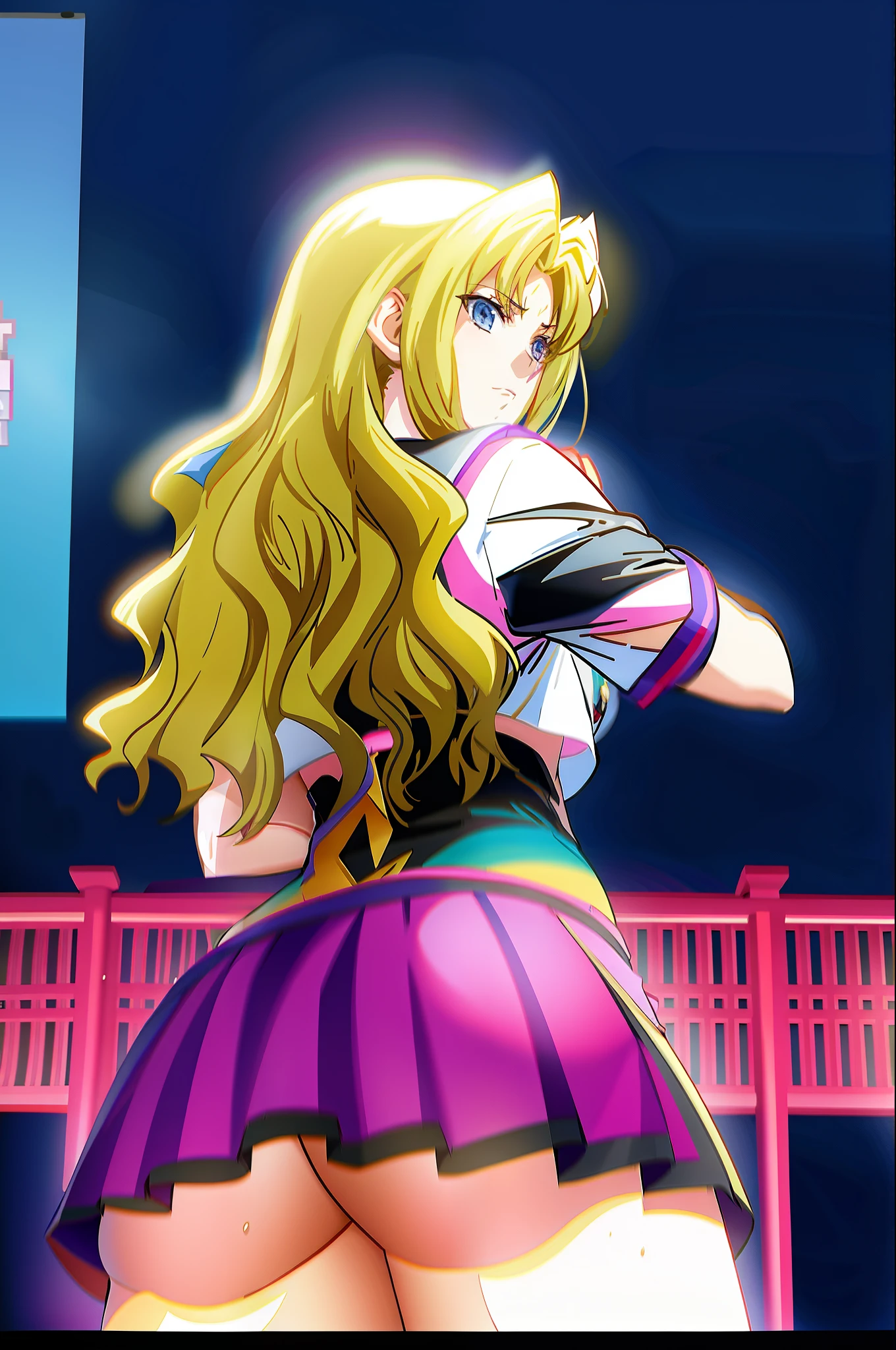 Anime girl wearing short skirt and shirt holding sword, One ride and one boat, High School DXD, leisurely style, anime girl, Misato Katsuragi, Blonde long hair anime girl, 蹲着anime girl, female anime characters, Screenshots from the 2012 animation, in animated movies, Guangjiangli