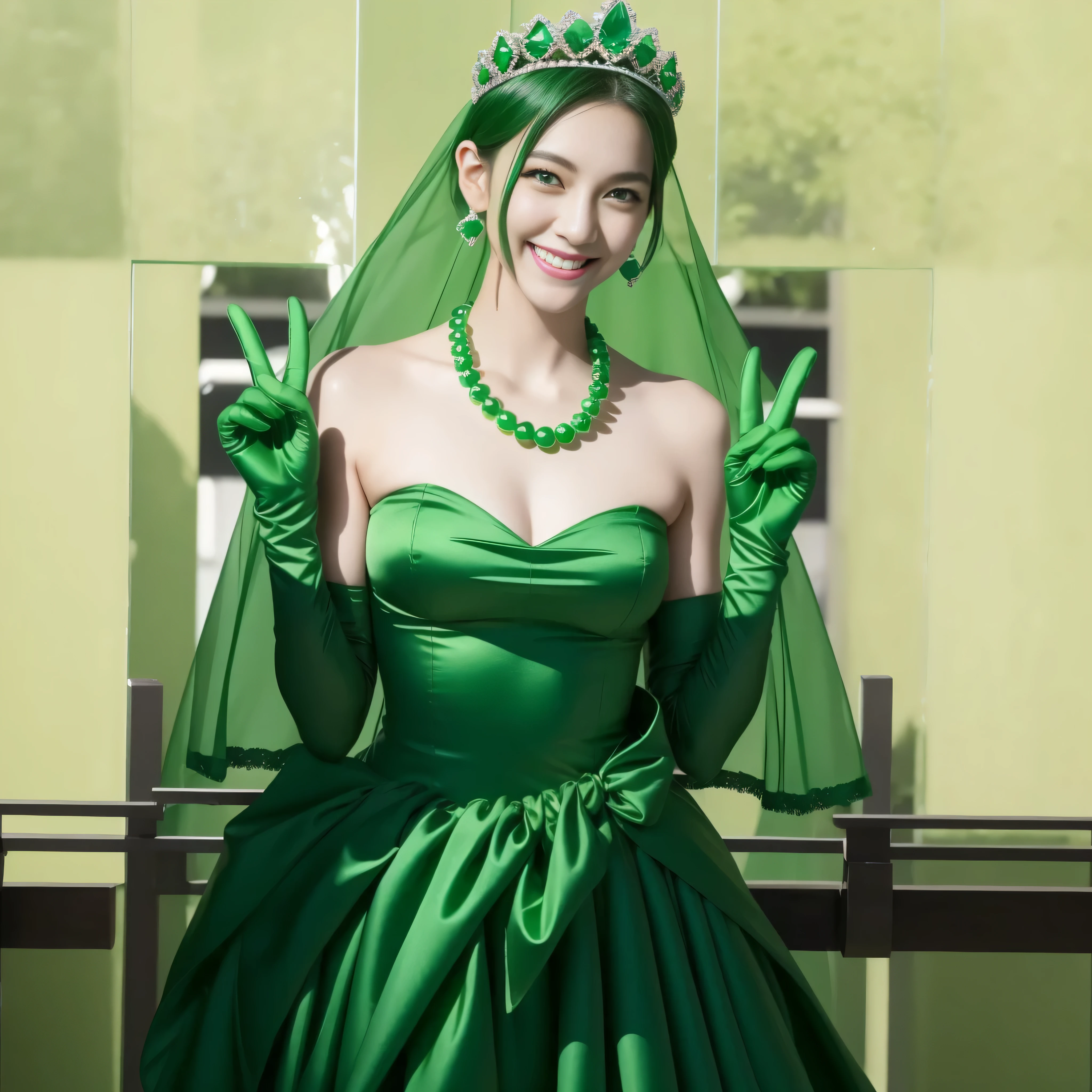 emerald tiara, green pearl necklace, boyish very short green hair, lipstick, smiling Japanese woman, very short hair, big breasts beautiful, green eyes, Long green satin gloves, green eyes, V sign, emerald earrings, green veil
