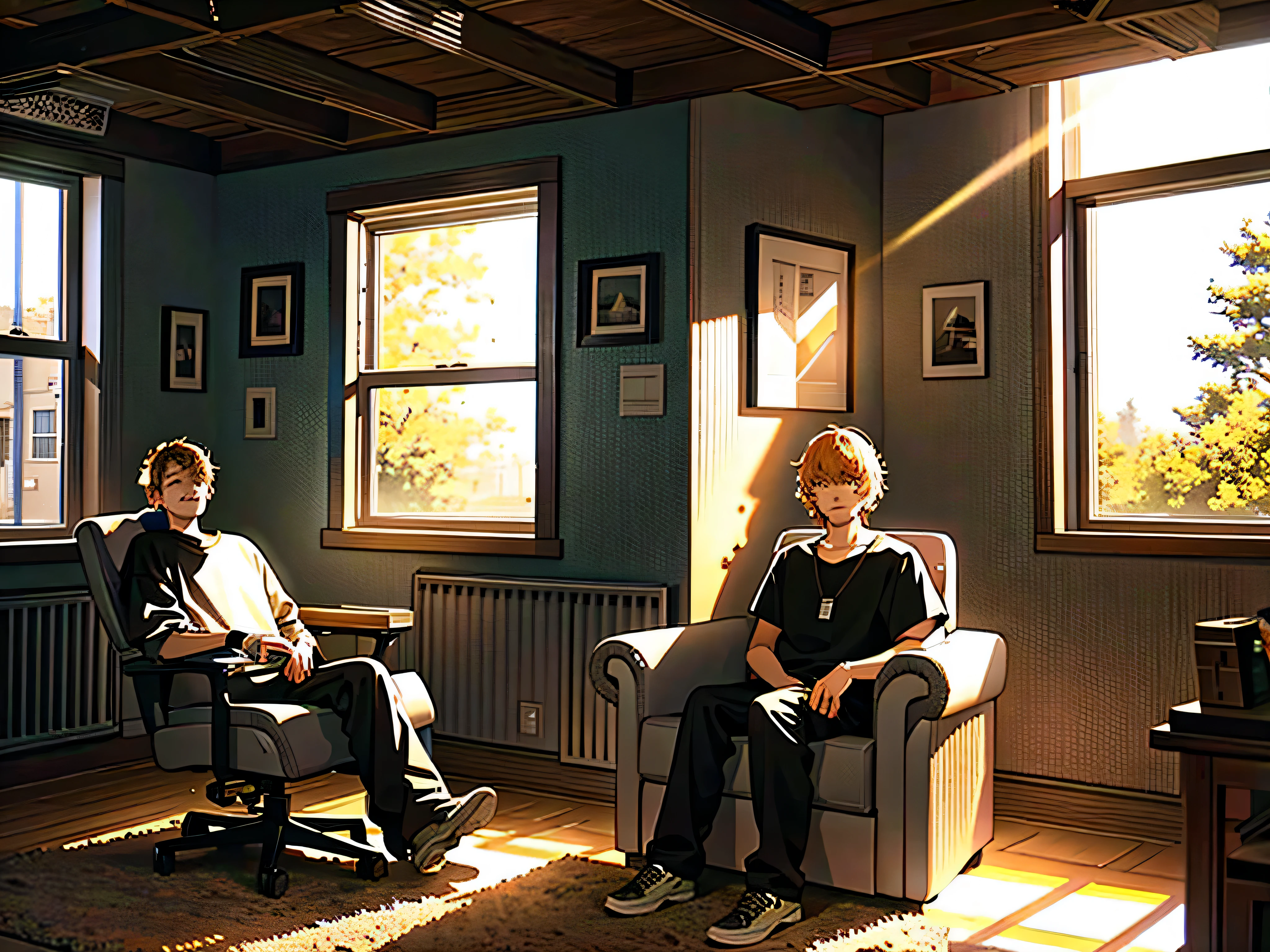 Tired programmer, Old house, Sit back in a comfortable gaming chair，Code being written, streak of SunLight hitting face, Over time, aesthetic, complicated, Caustics, Light, SunLight