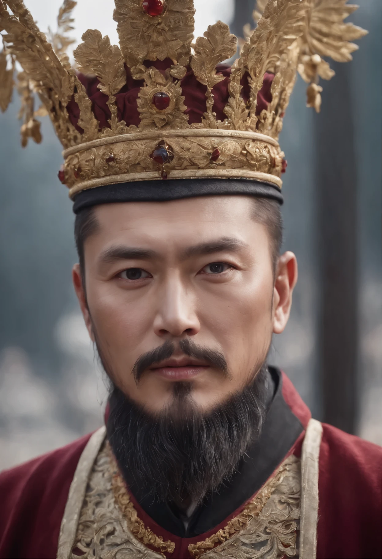 (a portrait of a Russian-Chinese emperor, black and dark red clothing, emperor, dark fantasy, beard, evil), (best quality,4k,8k,highres,masterpiece:1.2), ultra-detailed, (realistic,photorealistic,photo-realistic:1.37), oil painting, detailed facial features, intense gaze, majestic crown, intricate gold accessories, flowing robes, expression of power and authority, mysterious background, dramatic lighting, rich color palette, haunting atmosphere.High resolution 4k quality and clear .reflective shine.