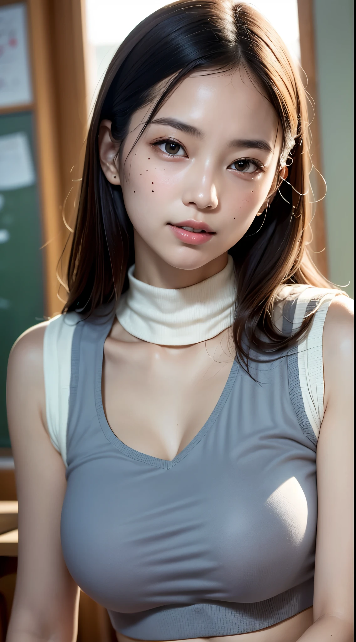 table top, highest quality, Photoreal, finely, High resolution, 8k wallpaper, perfect dynamic composition, Accurate depiction of anatomical structures、finelyて美しい目, ((('Okabo head))), big and full breasts, random sexy pose,chest to chest、(Mock Neck Crop Tank Top White Knit、cleavage looks real)、(Breast bulge 1.2)、laughter、open your mouth、resort scenery、(((42 years old)))、(droopy eyes 1.4)、 beauty、Japanese、(mole under left eye、Kuroko on the right side of the mouth)